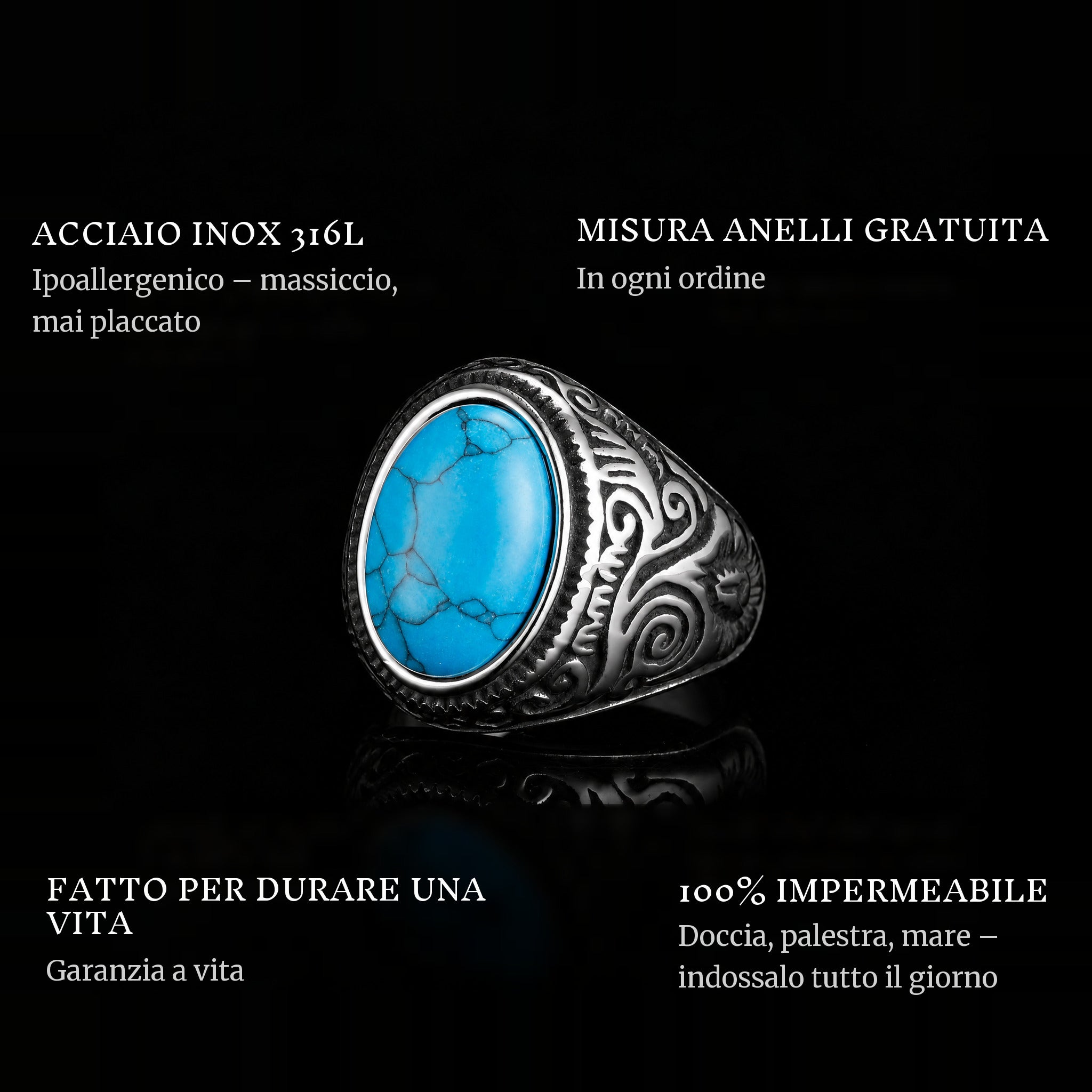 Blue Eyes ring features: 316L stainless steel, free ring sizer in every order, 100% waterproof, lifetime guarantee