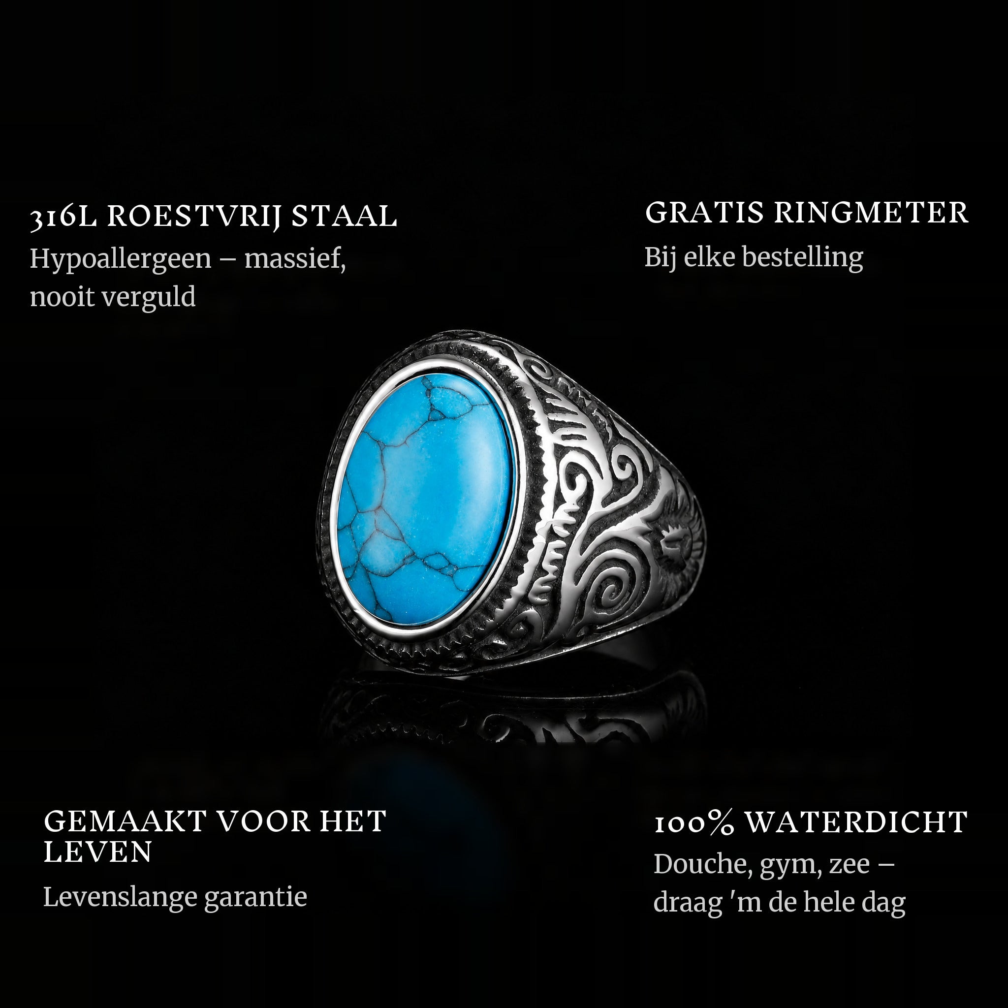 Blue Eyes ring features: 316L stainless steel, free ring sizer in every order, 100% waterproof, lifetime guarantee