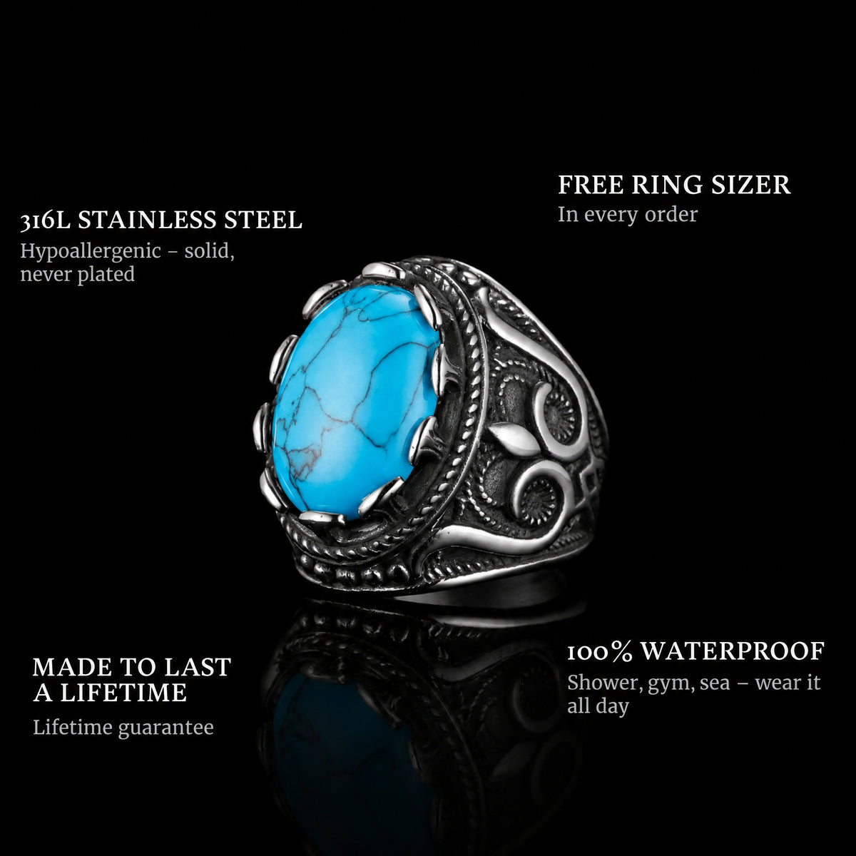 Blue Farao ring features: 316L stainless steel, free ring sizer in every order, 100% waterproof, lifetime guarantee
