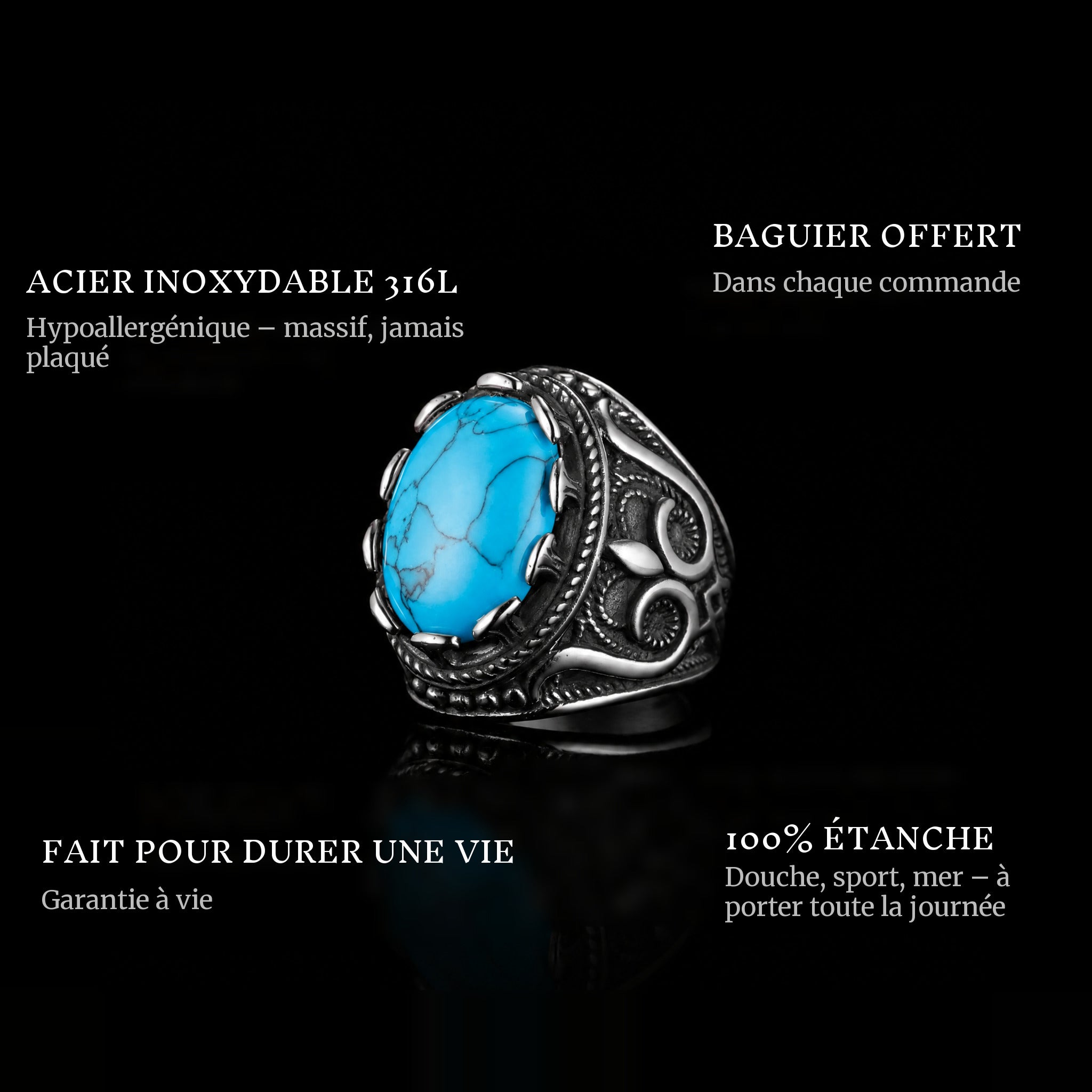 Blue Farao ring features: 316L stainless steel, free ring sizer in every order, 100% waterproof, lifetime guarantee