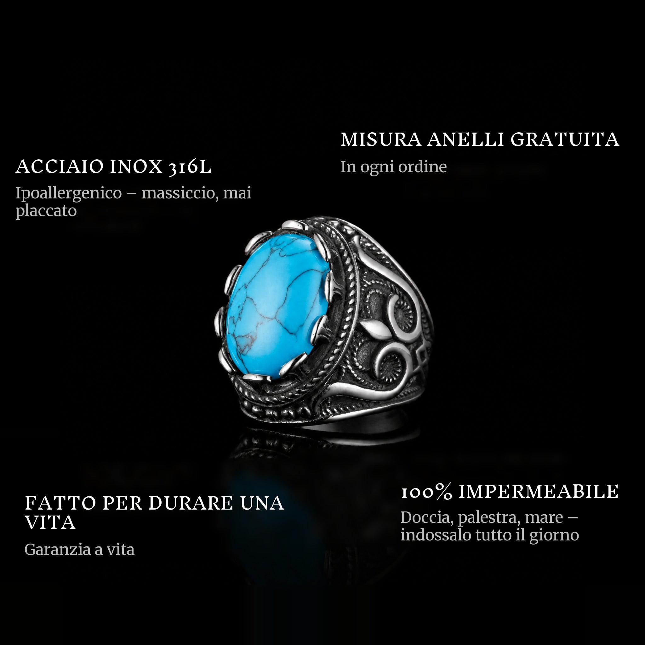 Blue Farao ring features: 316L stainless steel, free ring sizer in every order, 100% waterproof, lifetime guarantee