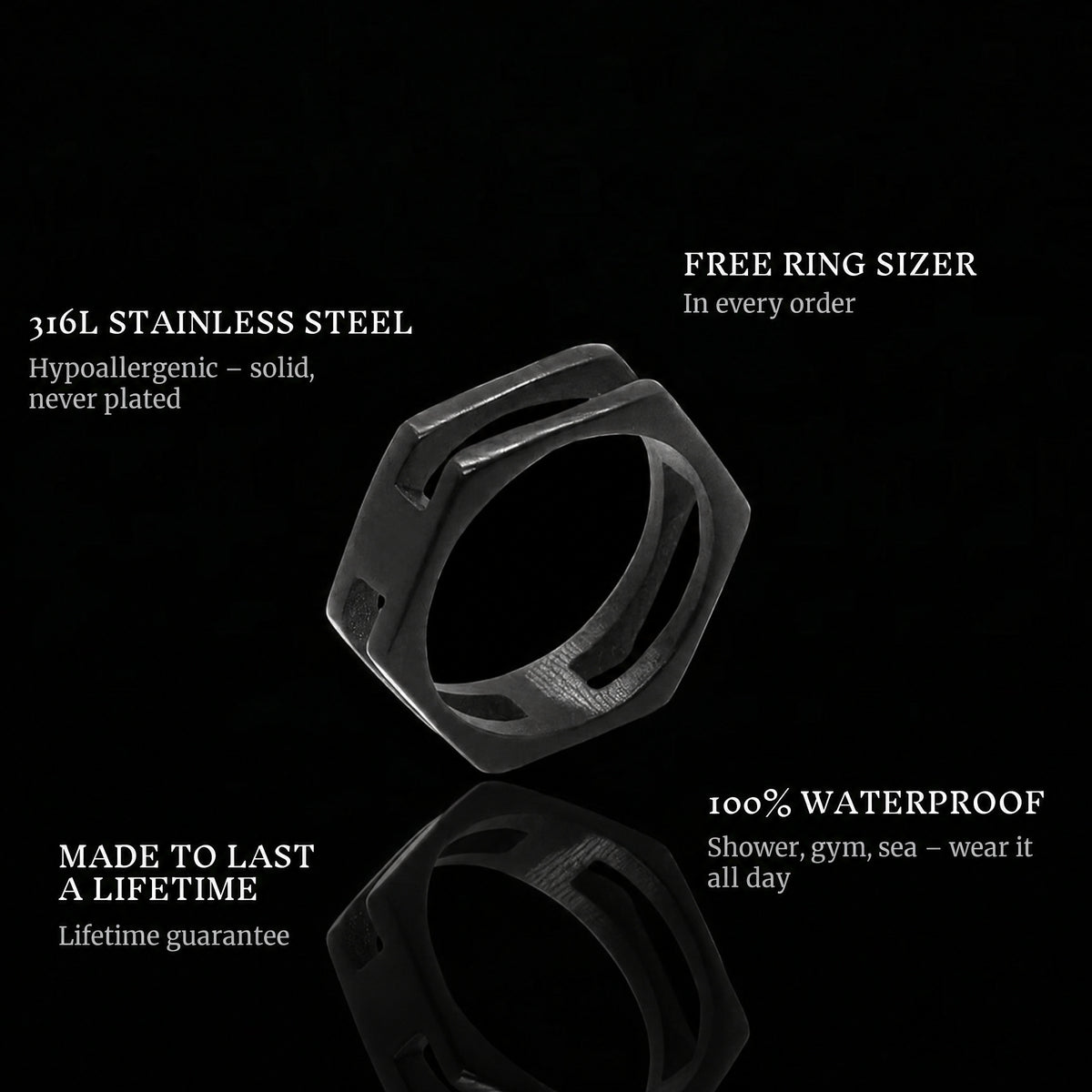 Bolt ring features: 316L stainless steel, free ring sizer in every order, 100% waterproof, lifetime guarantee