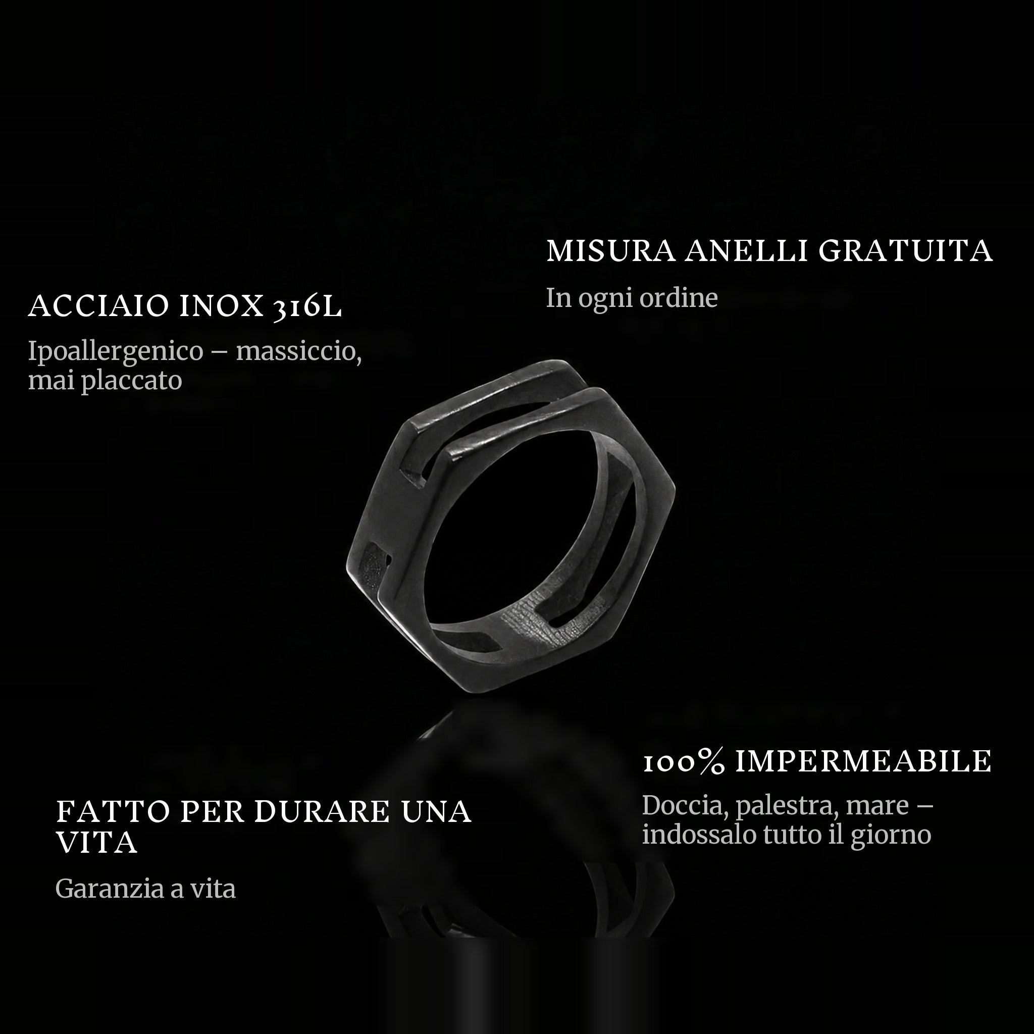 Bolt ring features: 316L stainless steel, free ring sizer in every order, 100% waterproof, lifetime guarantee