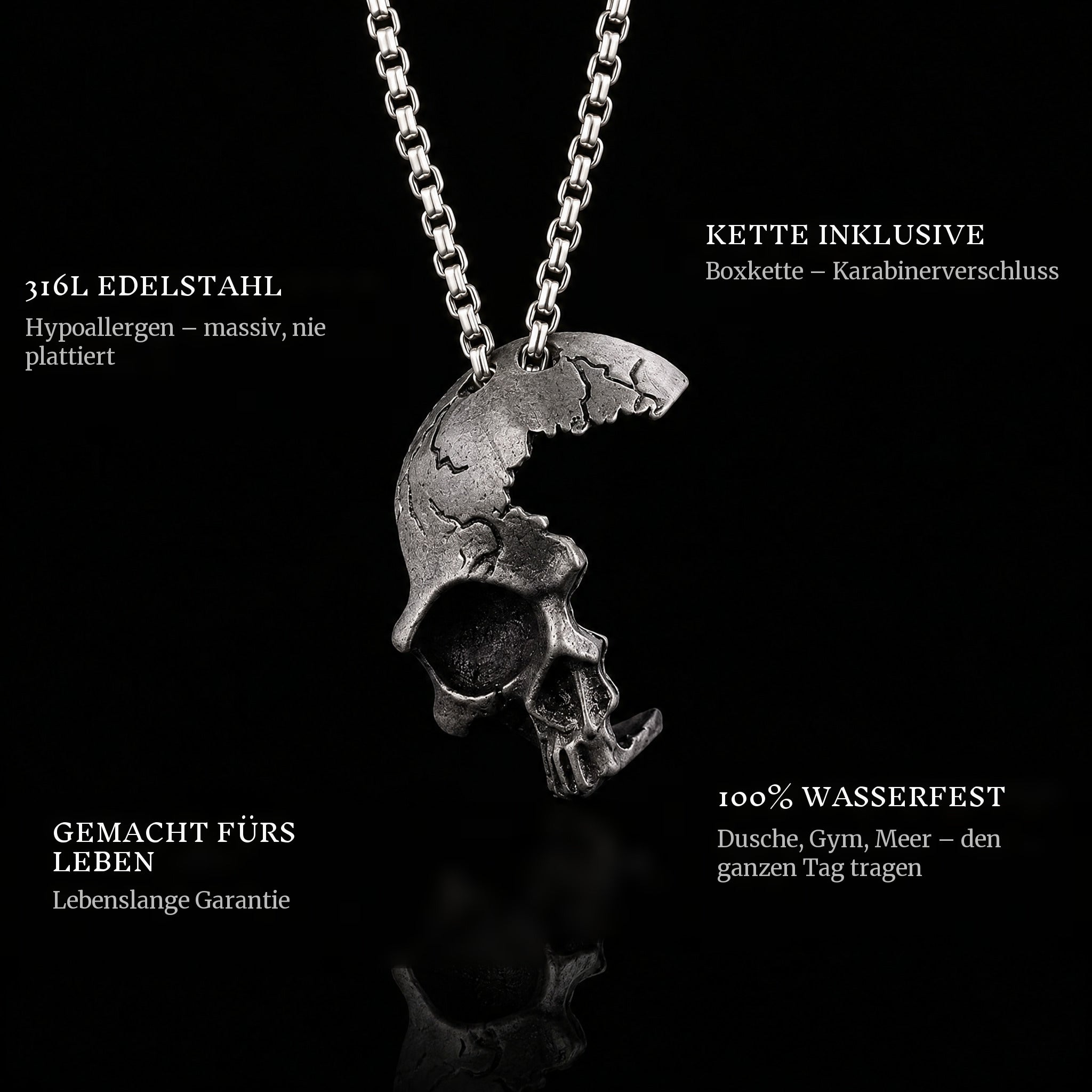 Broken Skull pendant features: 316L stainless steel, chain included, 100% waterproof, lifetime guarantee