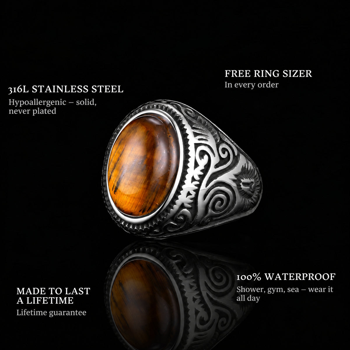 Brown Eyes ring features: 316L stainless steel, free ring sizer in every order, 100% waterproof, lifetime guarantee