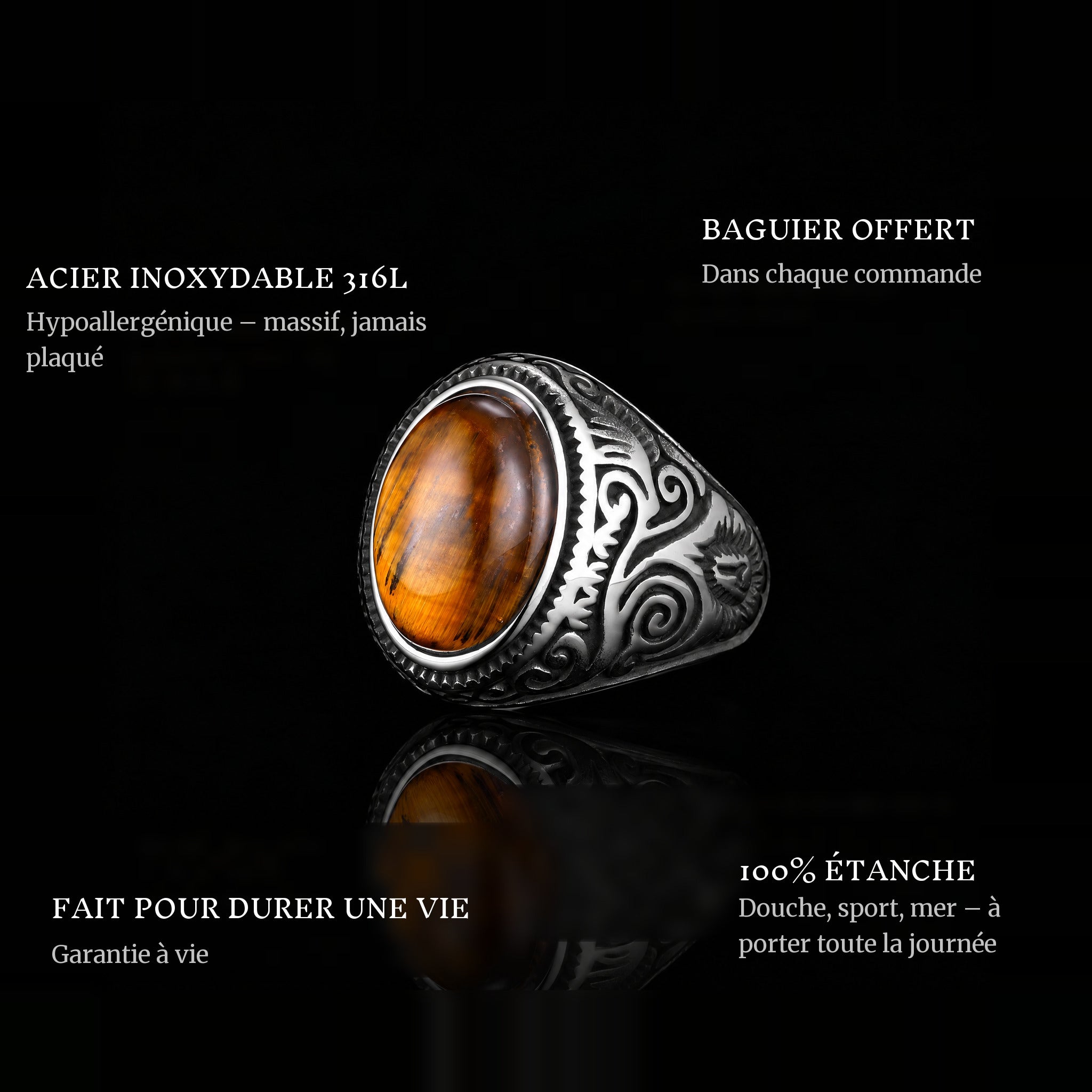 Brown Eyes ring features: 316L stainless steel, free ring sizer in every order, 100% waterproof, lifetime guarantee