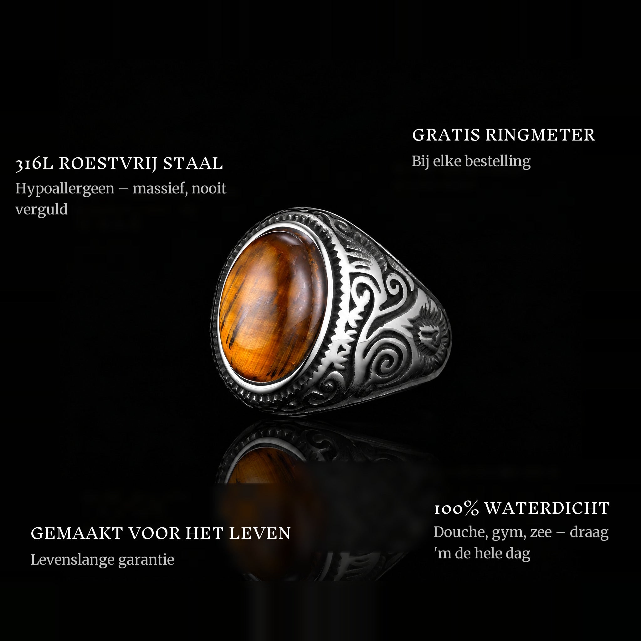 Brown Eyes ring features: 316L stainless steel, free ring sizer in every order, 100% waterproof, lifetime guarantee