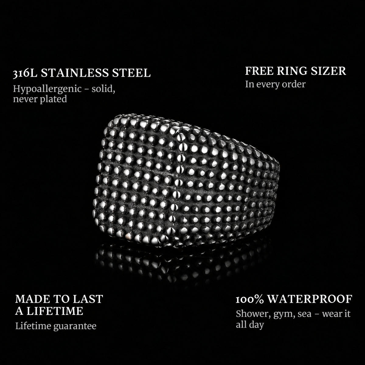 Buds ring features: 316L stainless steel, free ring sizer in every order, 100% waterproof, lifetime guarantee