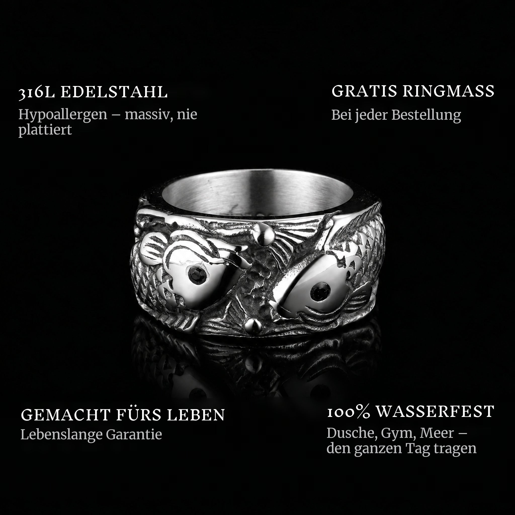Catching Carps ring features: 316L stainless steel, free ring sizer in every order, 100% waterproof, lifetime guarantee