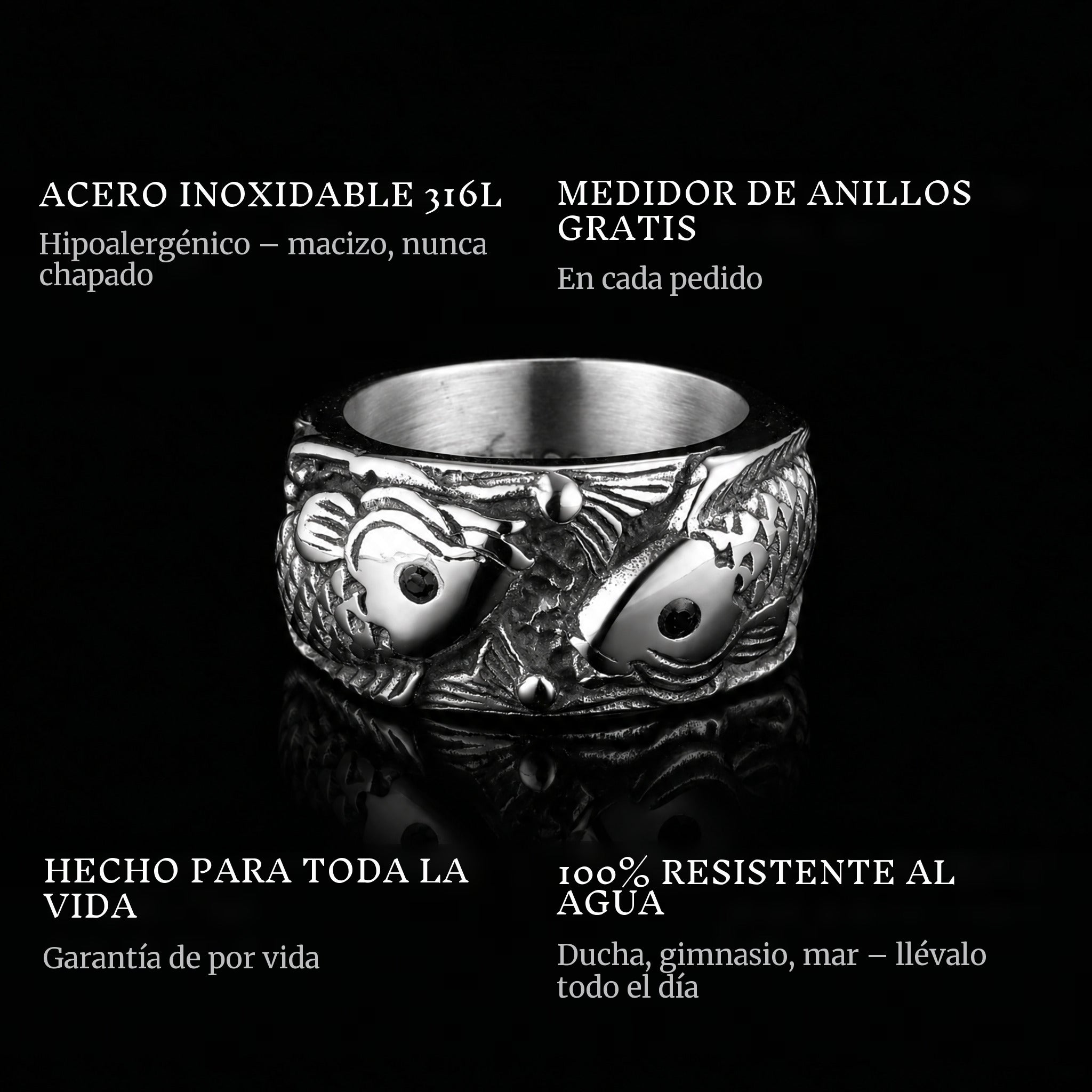 Catching Carps ring features: 316L stainless steel, free ring sizer in every order, 100% waterproof, lifetime guarantee