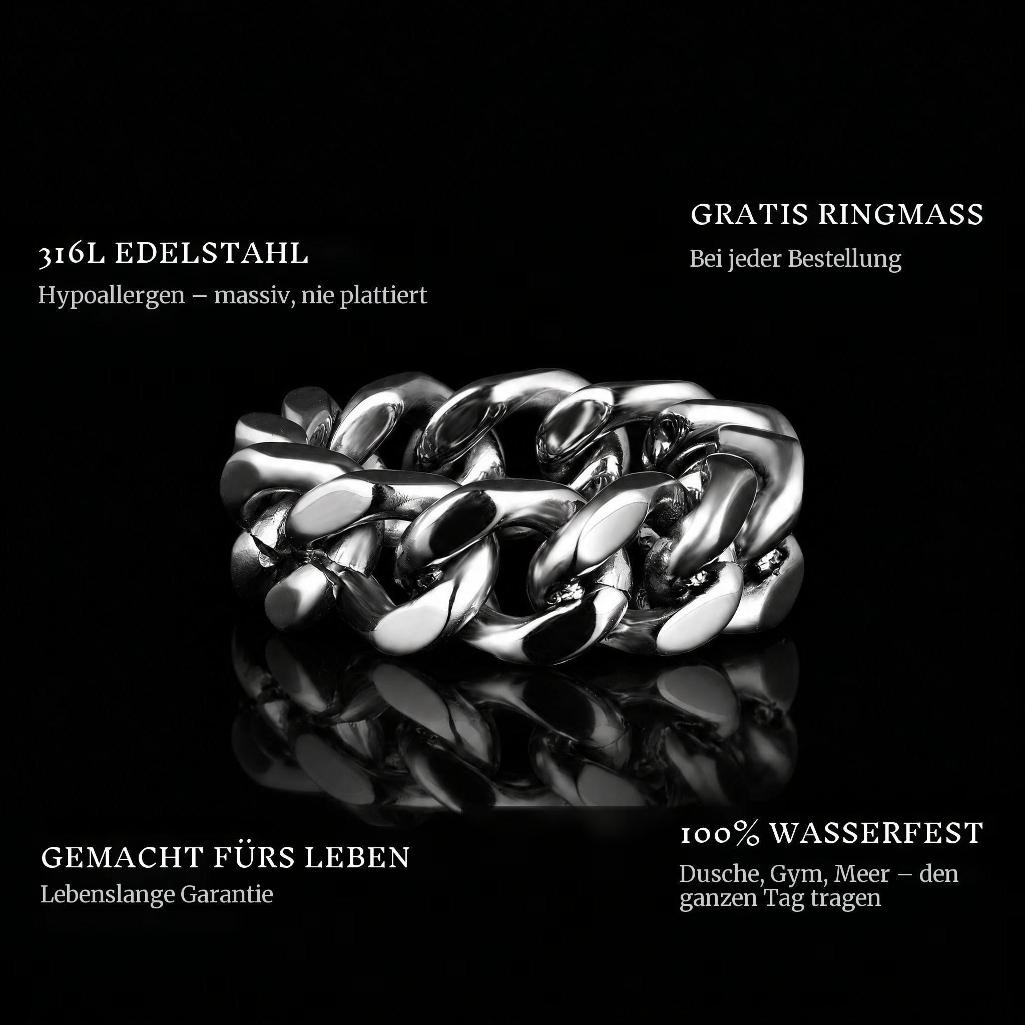 Chain Iii ring features: 316L stainless steel, free ring sizer in every order, 100% waterproof, lifetime guarantee