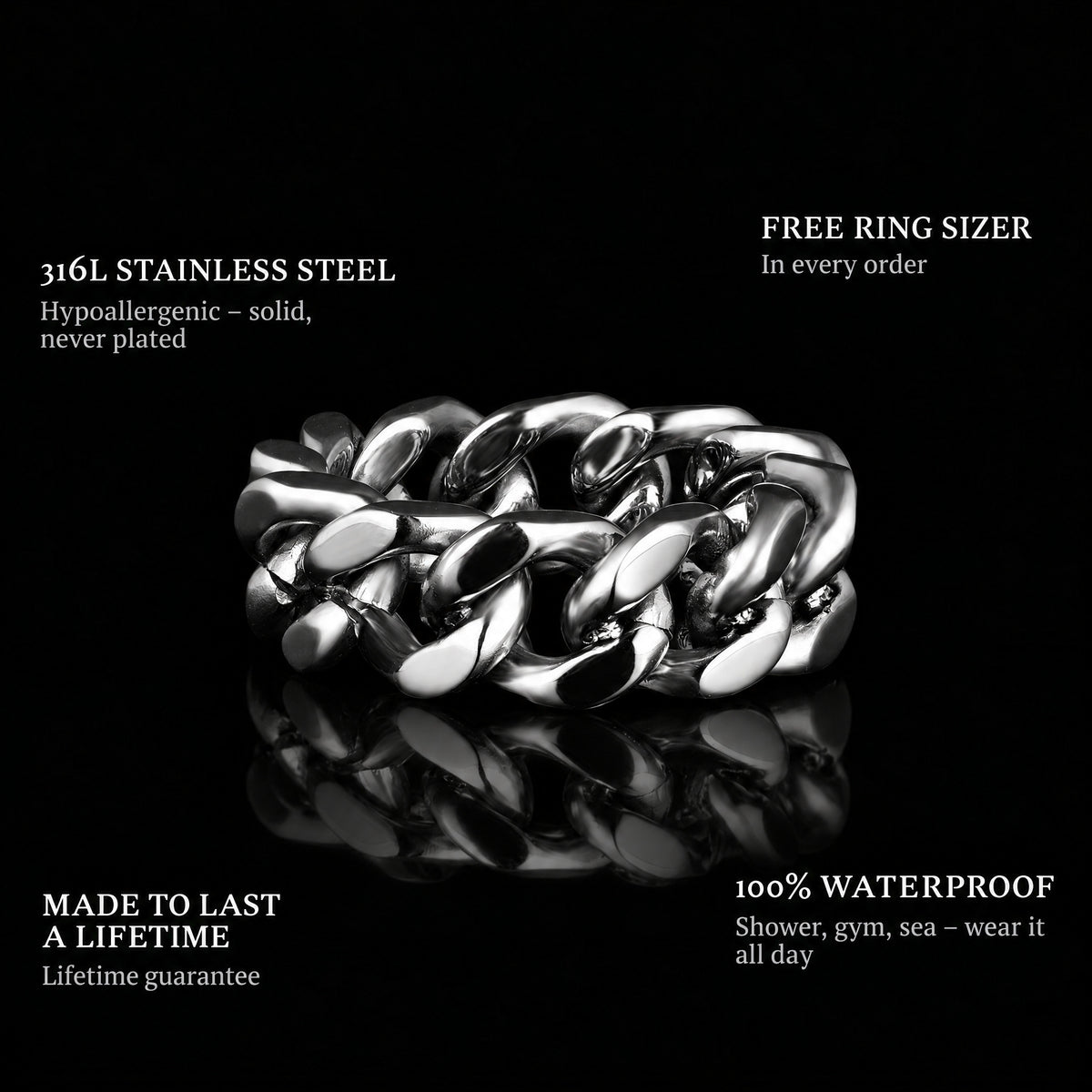 Chain Iii ring features: 316L stainless steel, free ring sizer in every order, 100% waterproof, lifetime guarantee