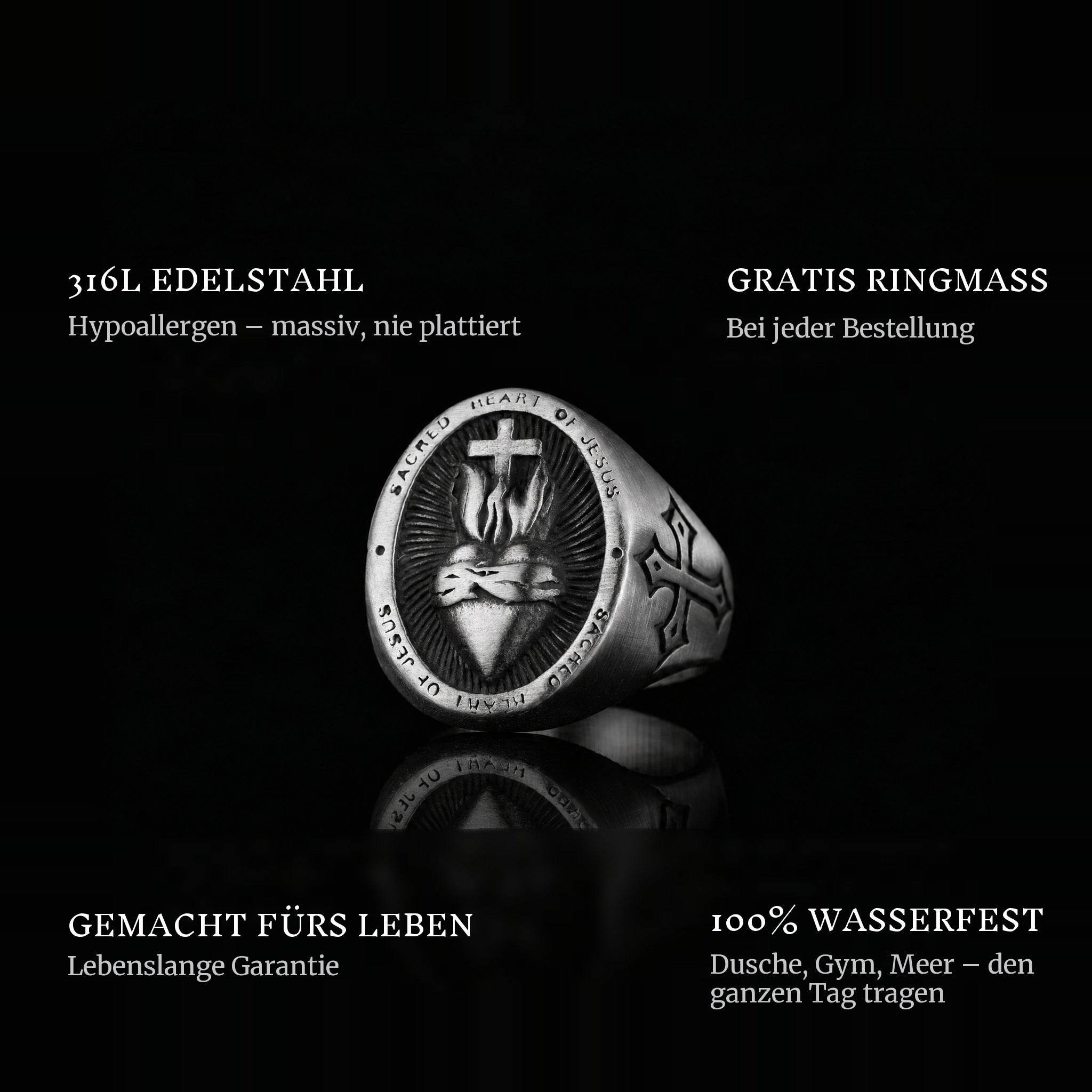 Sacred Heart ring features: 316L stainless steel, free ring sizer in every order, 100% waterproof, lifetime guarantee
