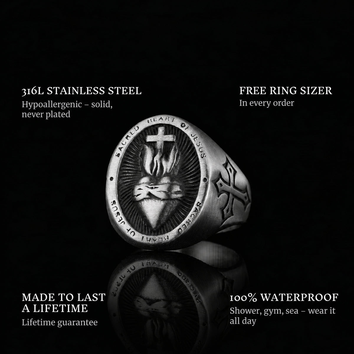Sacred Heart ring features: 316L stainless steel, free ring sizer in every order, 100% waterproof, lifetime guarantee
