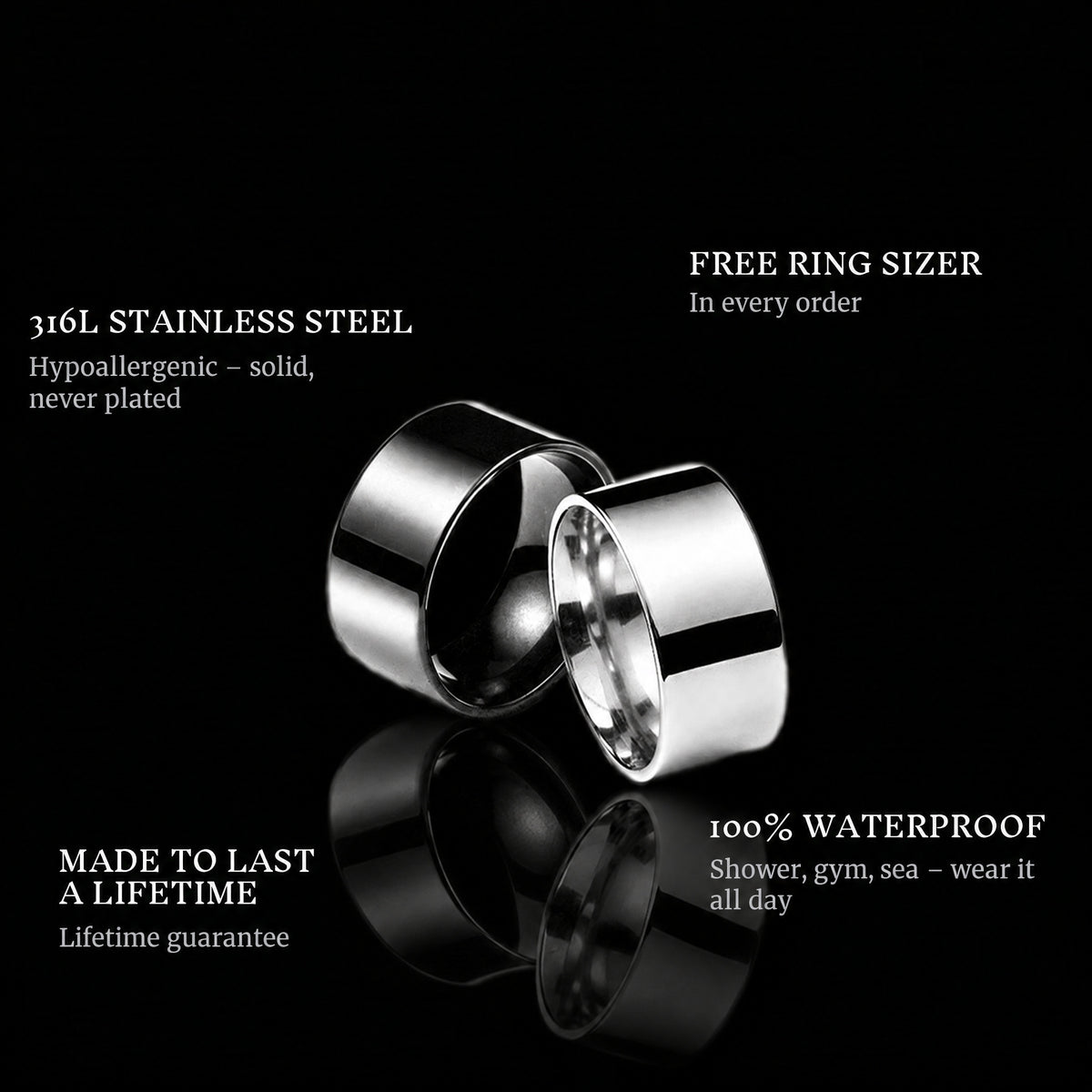 Chrome ring features: 316L stainless steel, free ring sizer in every order, 100% waterproof, lifetime guarantee