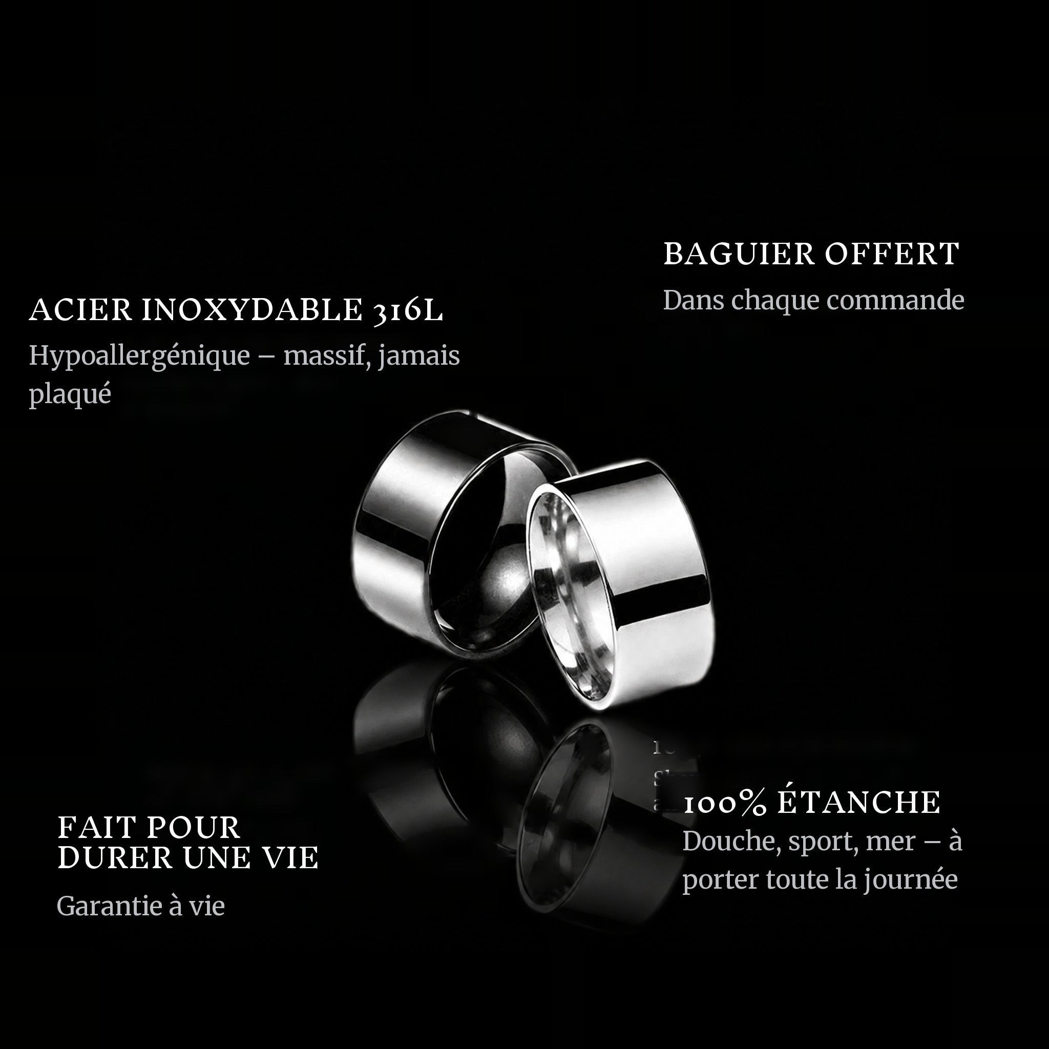 Chrome ring features: 316L stainless steel, free ring sizer in every order, 100% waterproof, lifetime guarantee