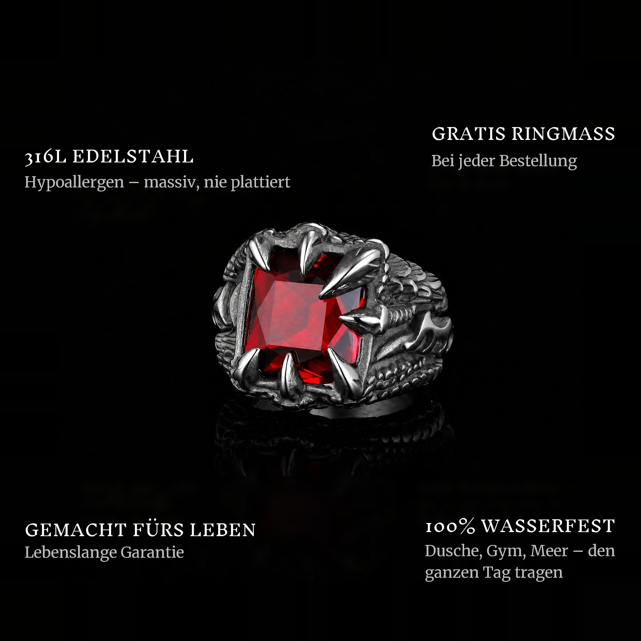 Claw Of Drago ring features: 316L stainless steel, free ring sizer in every order, 100% waterproof, lifetime guarantee