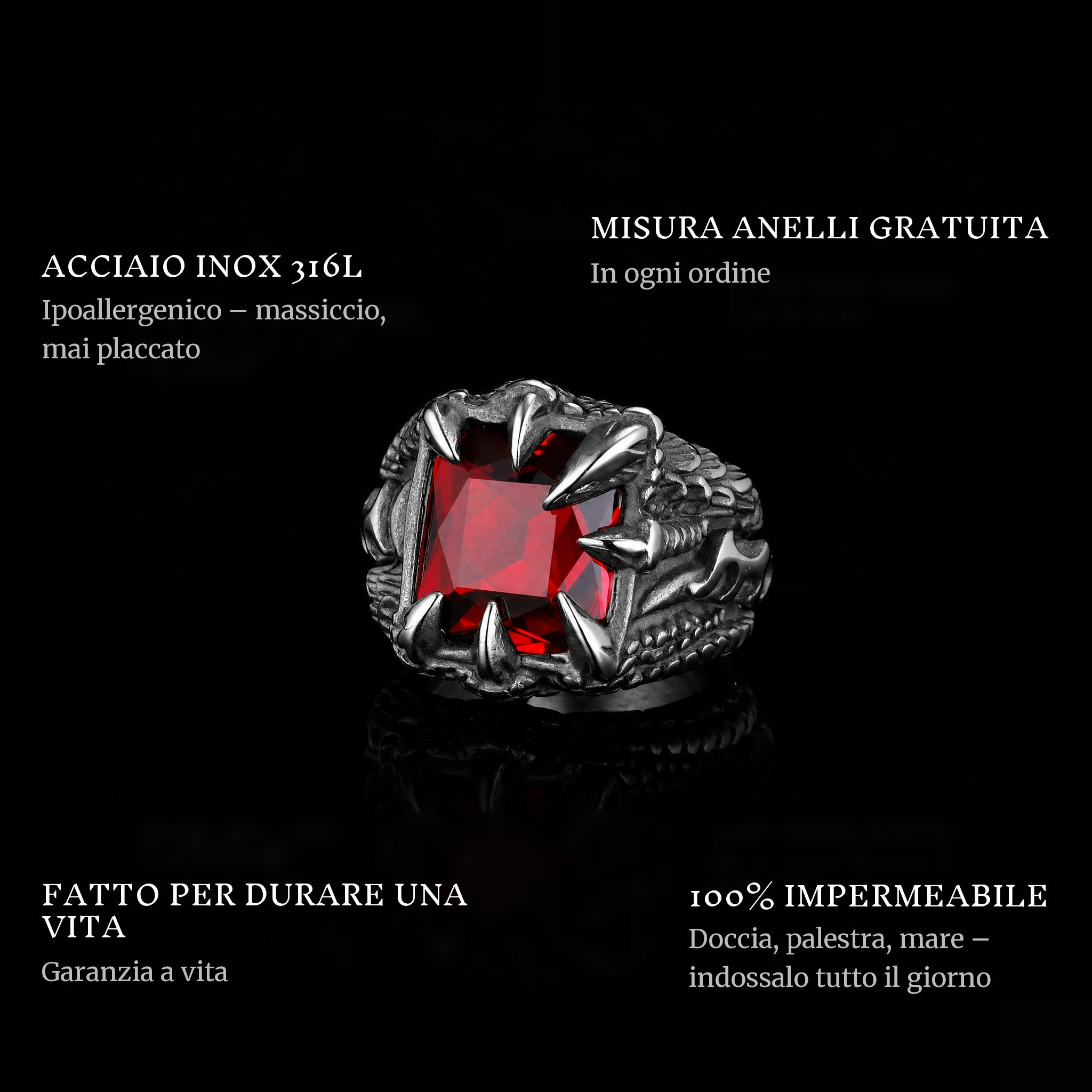 Claw Of Drago ring features: 316L stainless steel, free ring sizer in every order, 100% waterproof, lifetime guarantee