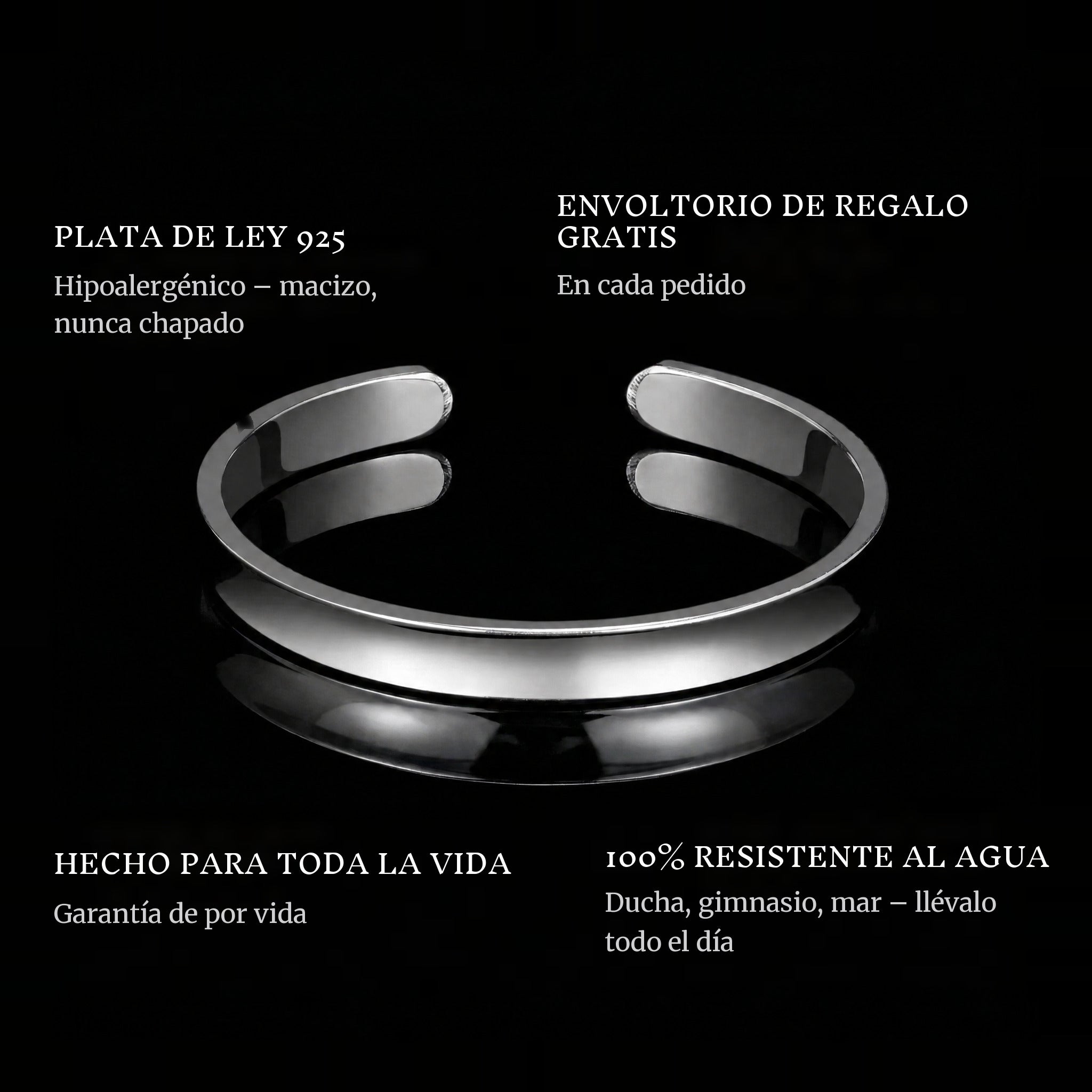 Clean Bangle features: 925 sterling silver, free gift packaging, 100% waterproof, lifetime guarantee