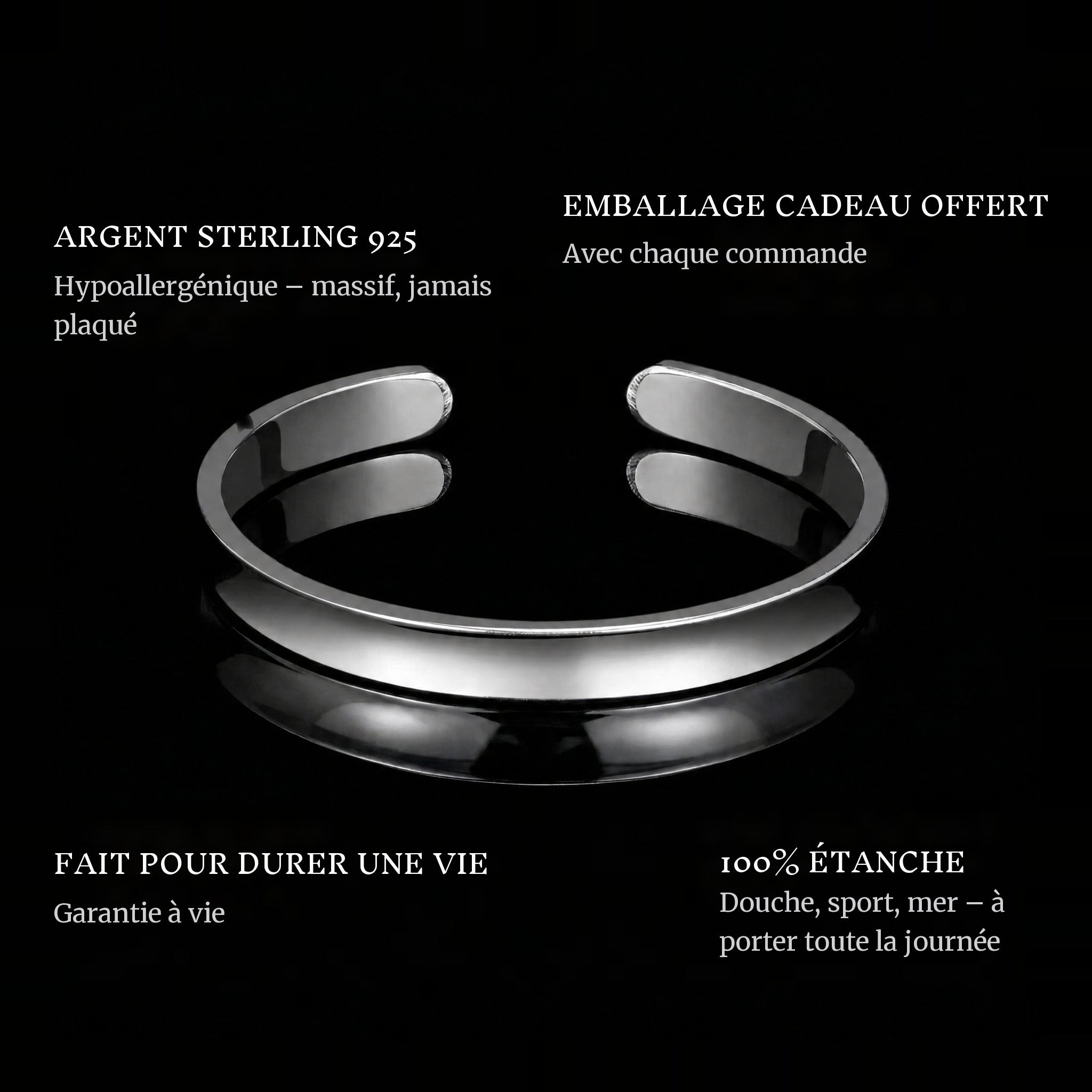 Clean Bangle features: 925 sterling silver, free gift packaging, 100% waterproof, lifetime guarantee