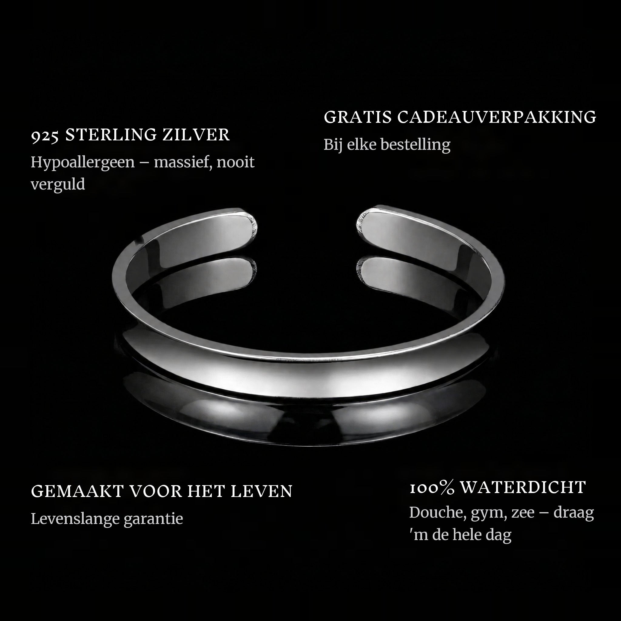 Clean Bangle features: 925 sterling silver, free gift packaging, 100% waterproof, lifetime guarantee