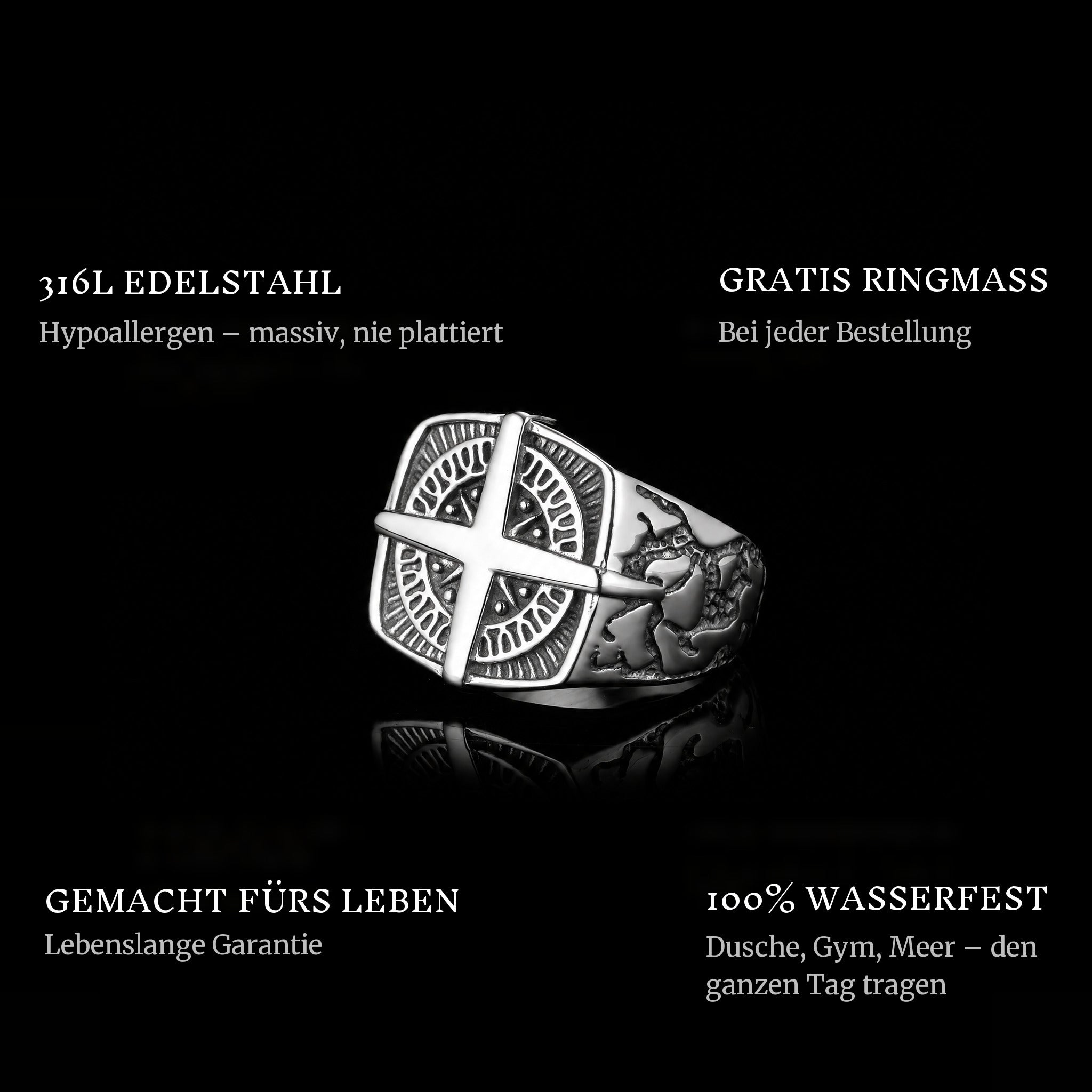 Compass ring features: 316L stainless steel, free ring sizer in every order, 100% waterproof, lifetime guarantee