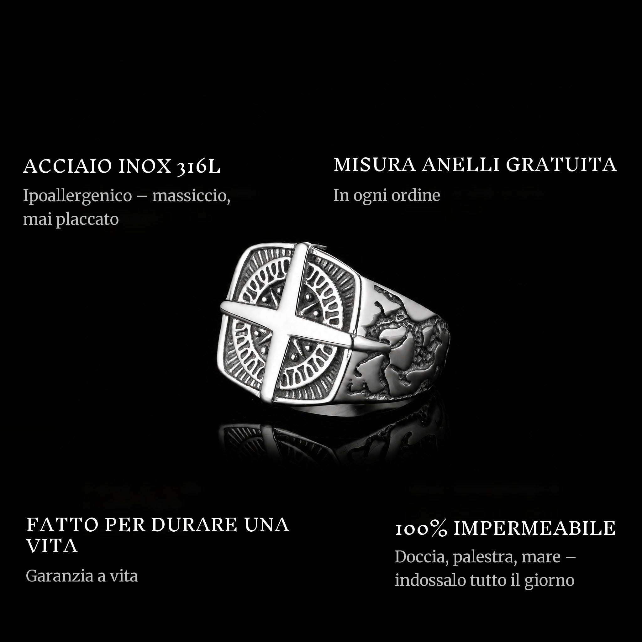 Compass ring features: 316L stainless steel, free ring sizer in every order, 100% waterproof, lifetime guarantee