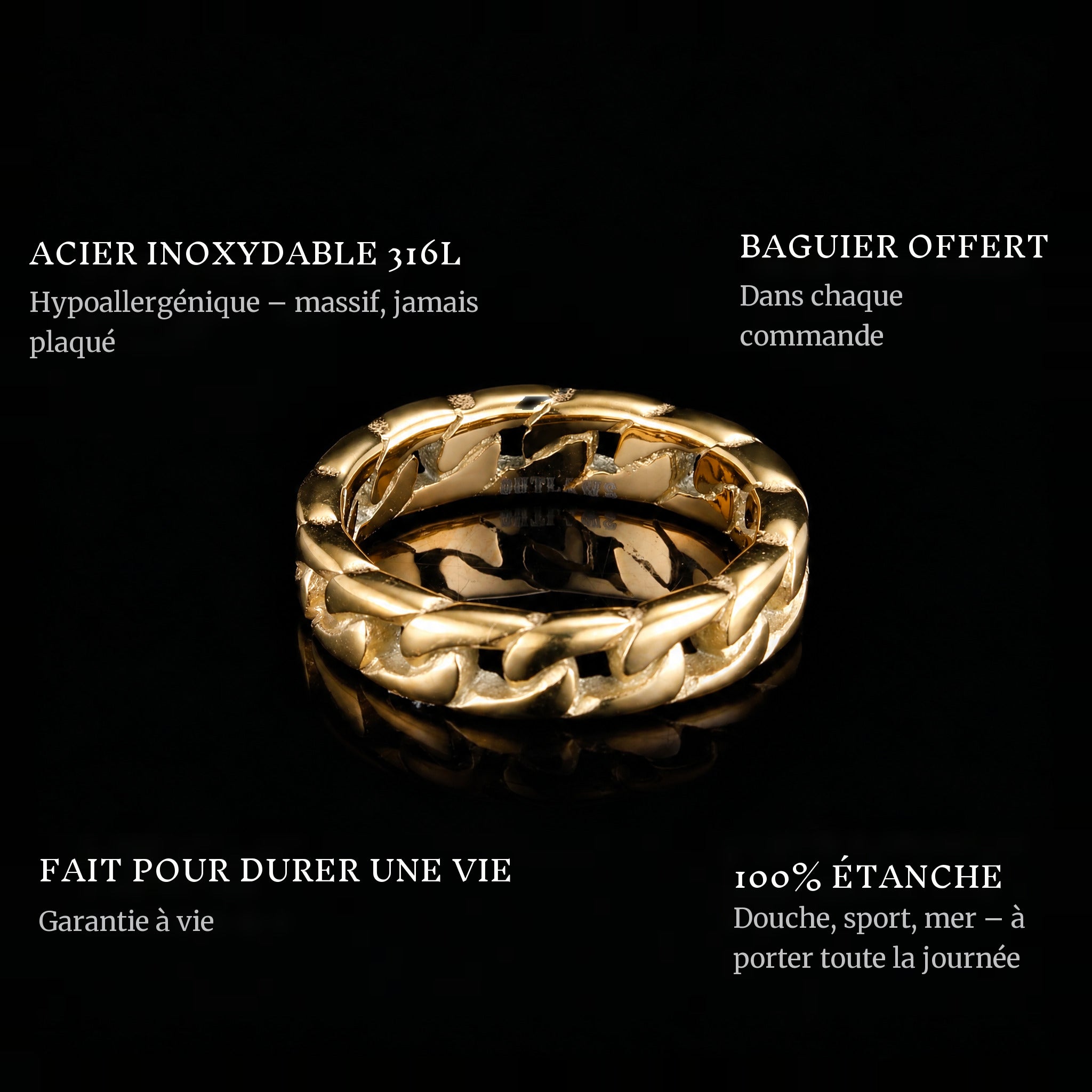 Connect Gold ring features: 316L stainless steel, free ring sizer in every order, 100% waterproof, lifetime guarantee