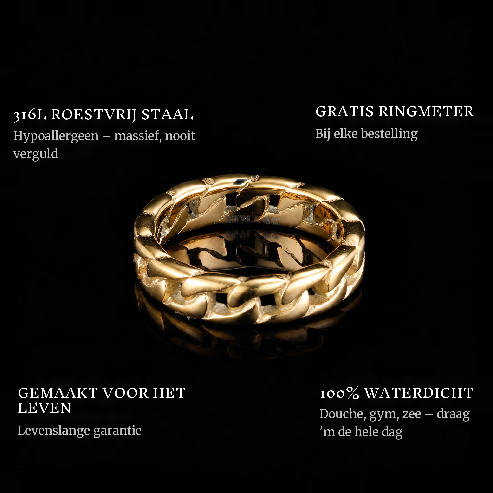 Connect Gold ring features: 316L stainless steel, free ring sizer in every order, 100% waterproof, lifetime guarantee