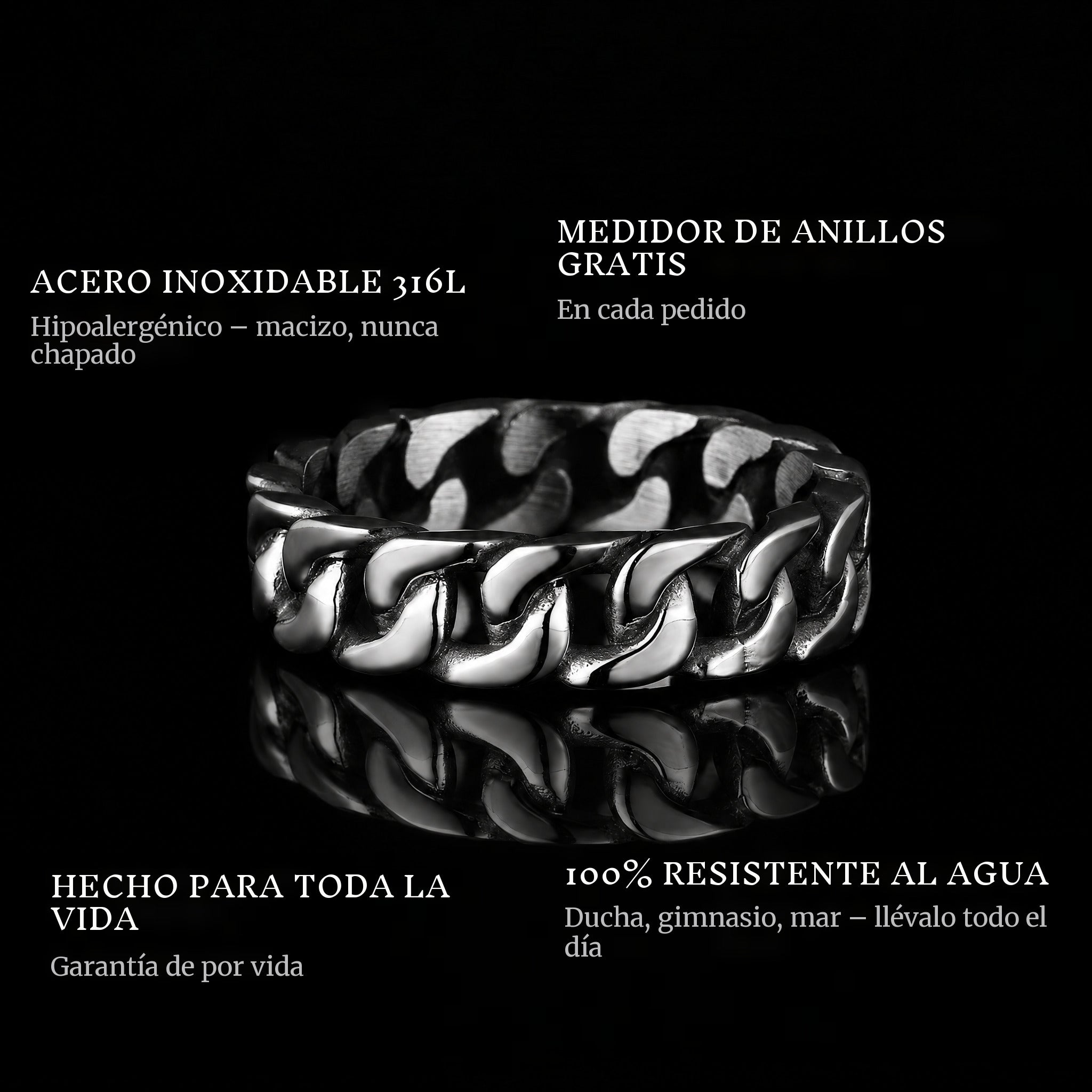 Connect Silver ring features: 316L stainless steel, free ring sizer in every order, 100% waterproof, lifetime guarantee