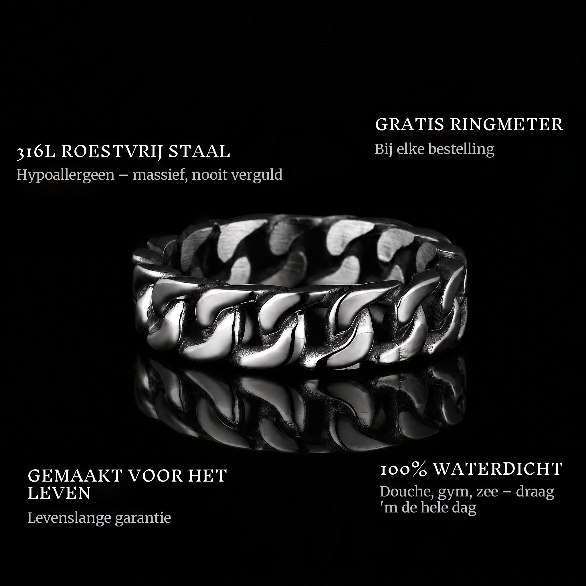 Connect Silver ring features: 316L stainless steel, free ring sizer in every order, 100% waterproof, lifetime guarantee