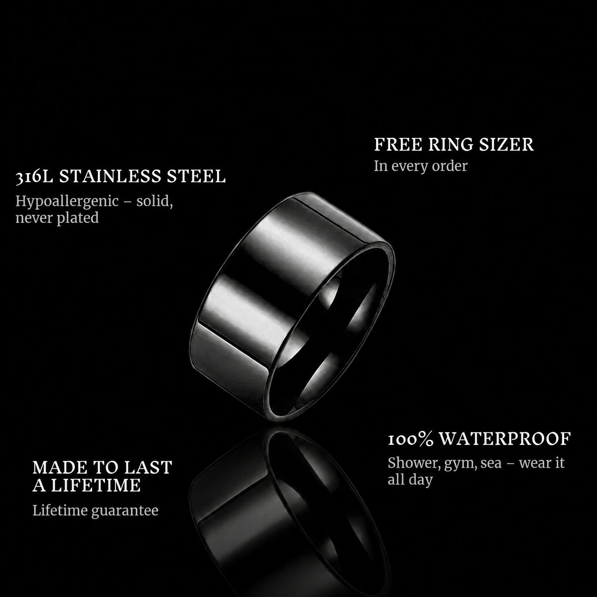 Chrome Black ring features: 316L stainless steel, free ring sizer in every order, 100% waterproof, lifetime guarantee