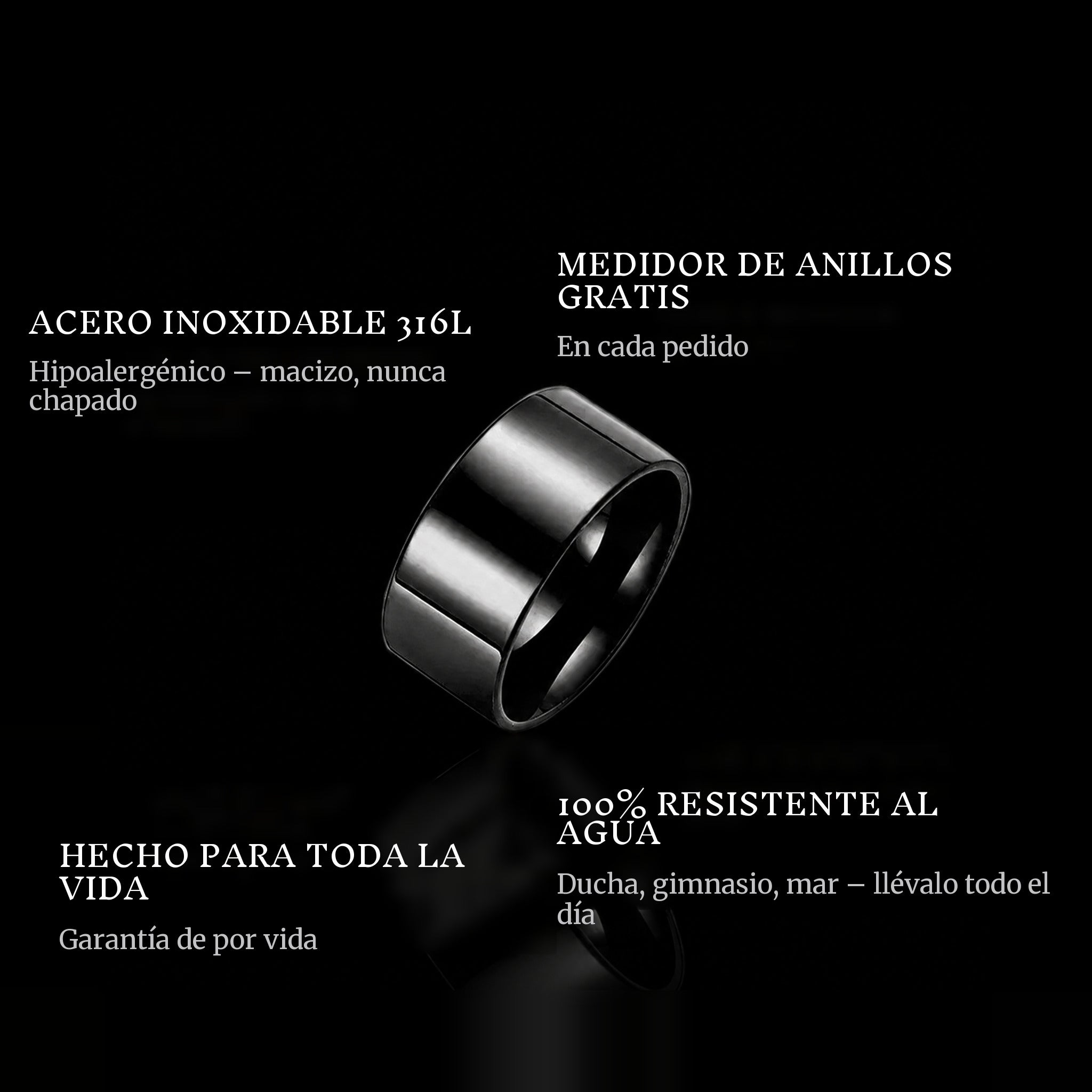Chrome Black ring features: 316L stainless steel, free ring sizer in every order, 100% waterproof, lifetime guarantee