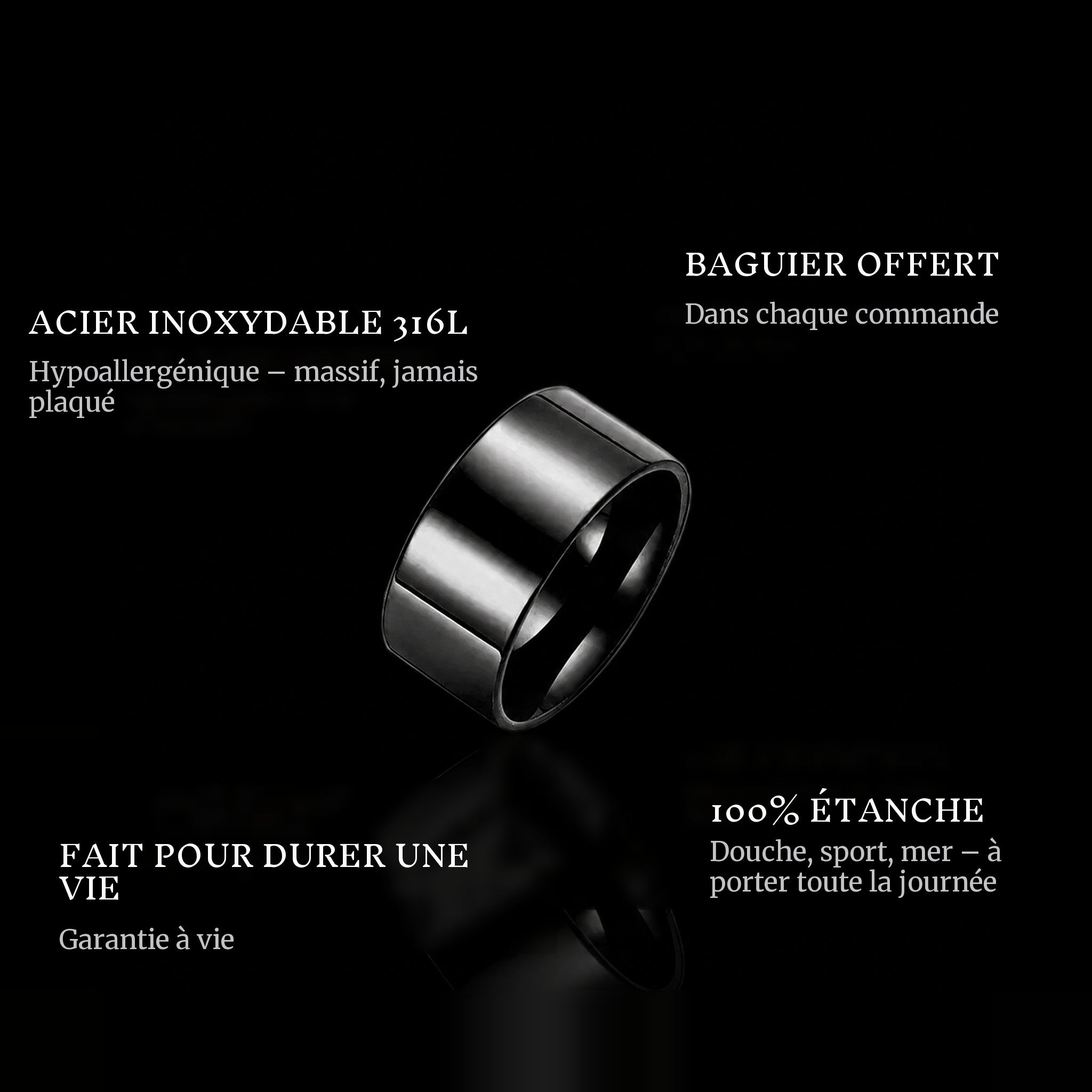 Chrome Black ring features: 316L stainless steel, free ring sizer in every order, 100% waterproof, lifetime guarantee