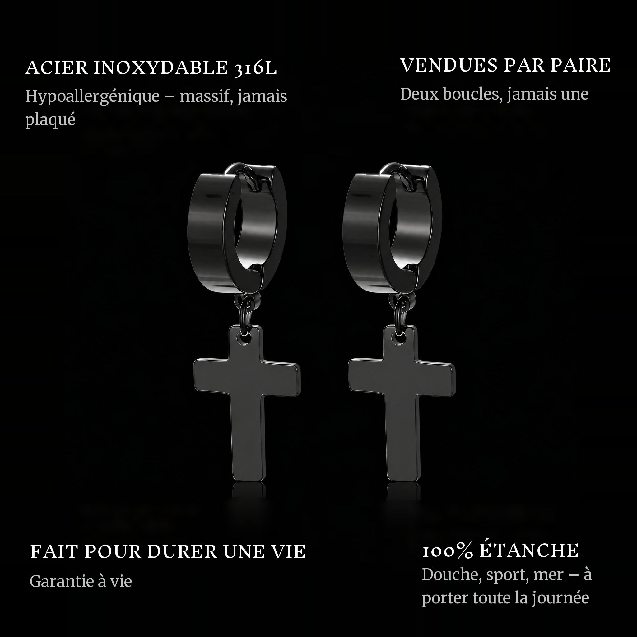 Cross Hanger Earrings Black features: 316L stainless steel, sold as a pair, 100% waterproof, lifetime guarantee
