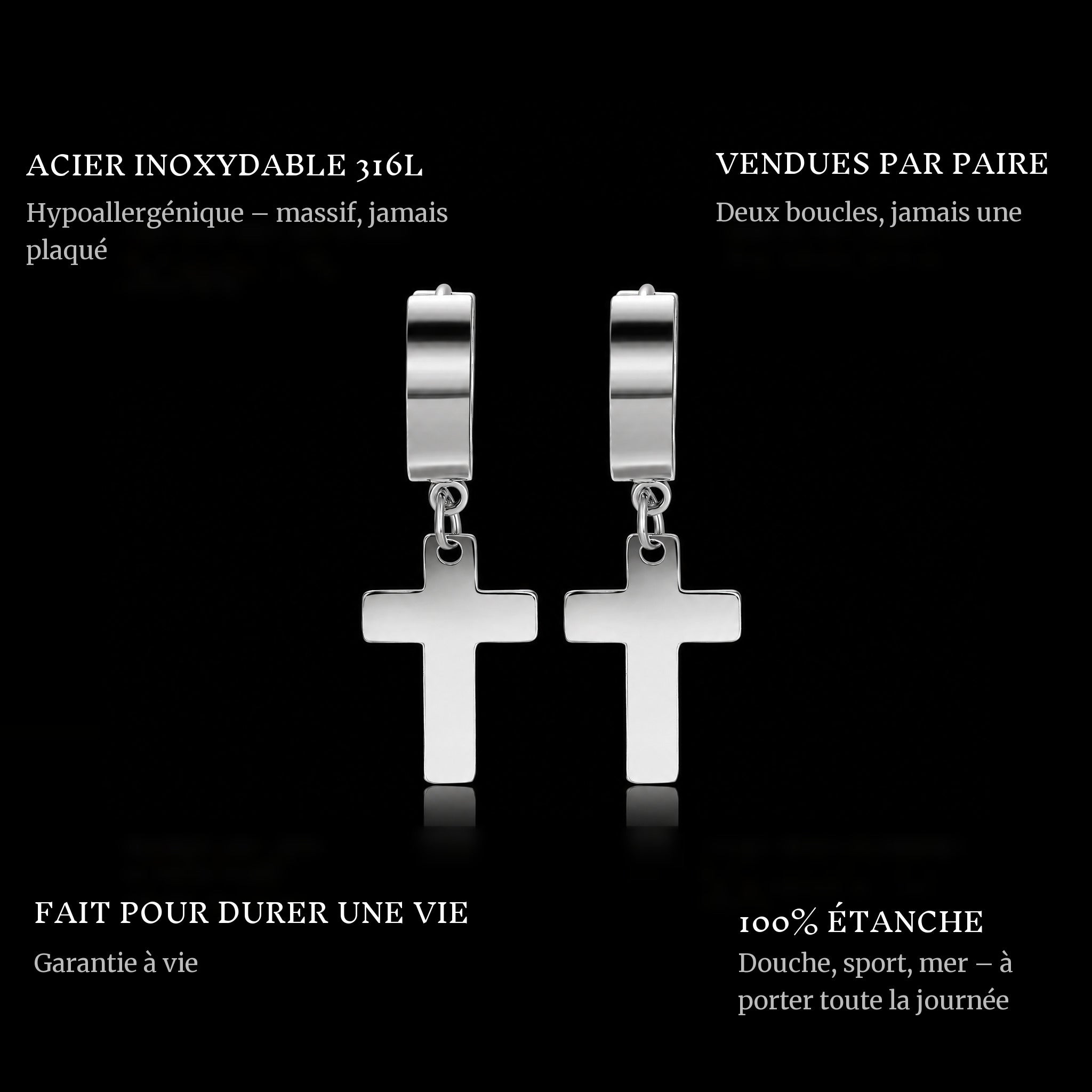 Cross Hanger Earrings Silver features: 316L stainless steel, sold as a pair, 100% waterproof, lifetime guarantee