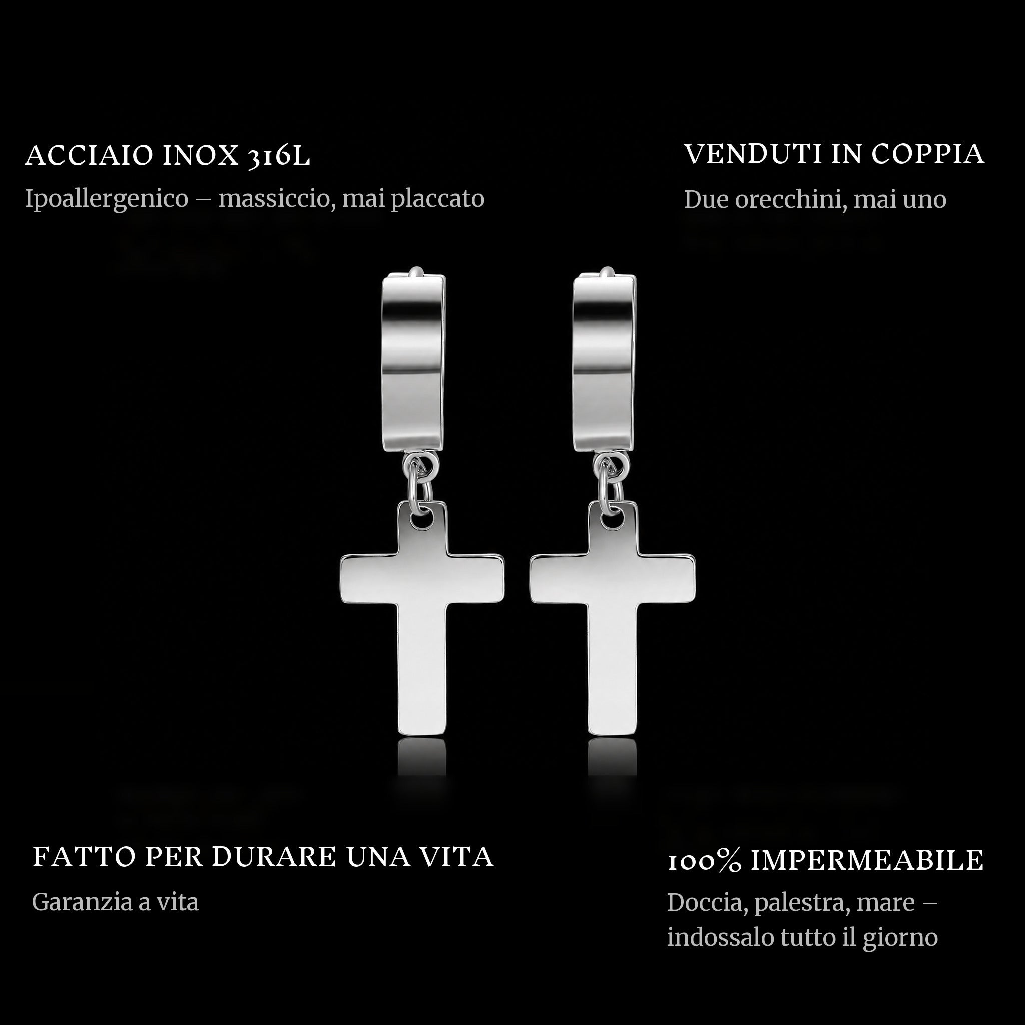 Cross Hanger Earrings Silver features: 316L stainless steel, sold as a pair, 100% waterproof, lifetime guarantee
