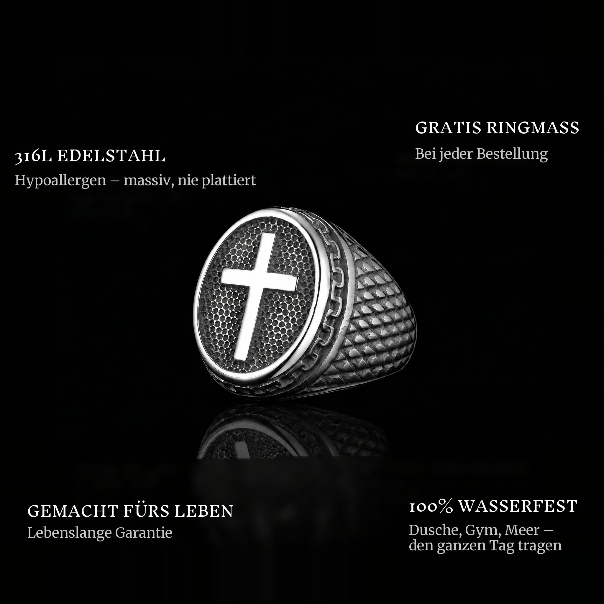 Cross It ring features: 316L stainless steel, free ring sizer in every order, 100% waterproof, lifetime guarantee