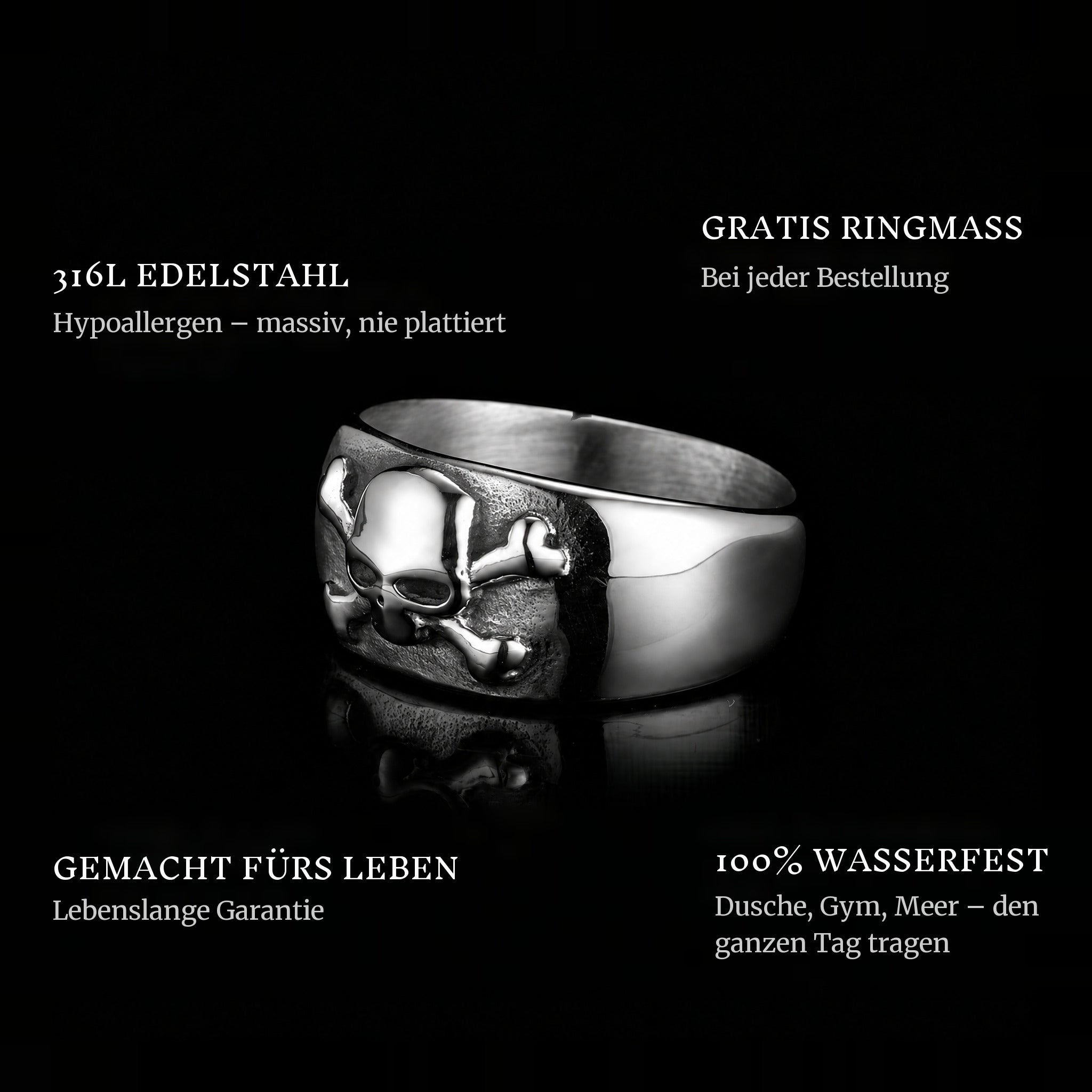 Crossbone ring features: 316L stainless steel, free ring sizer in every order, 100% waterproof, lifetime guarantee