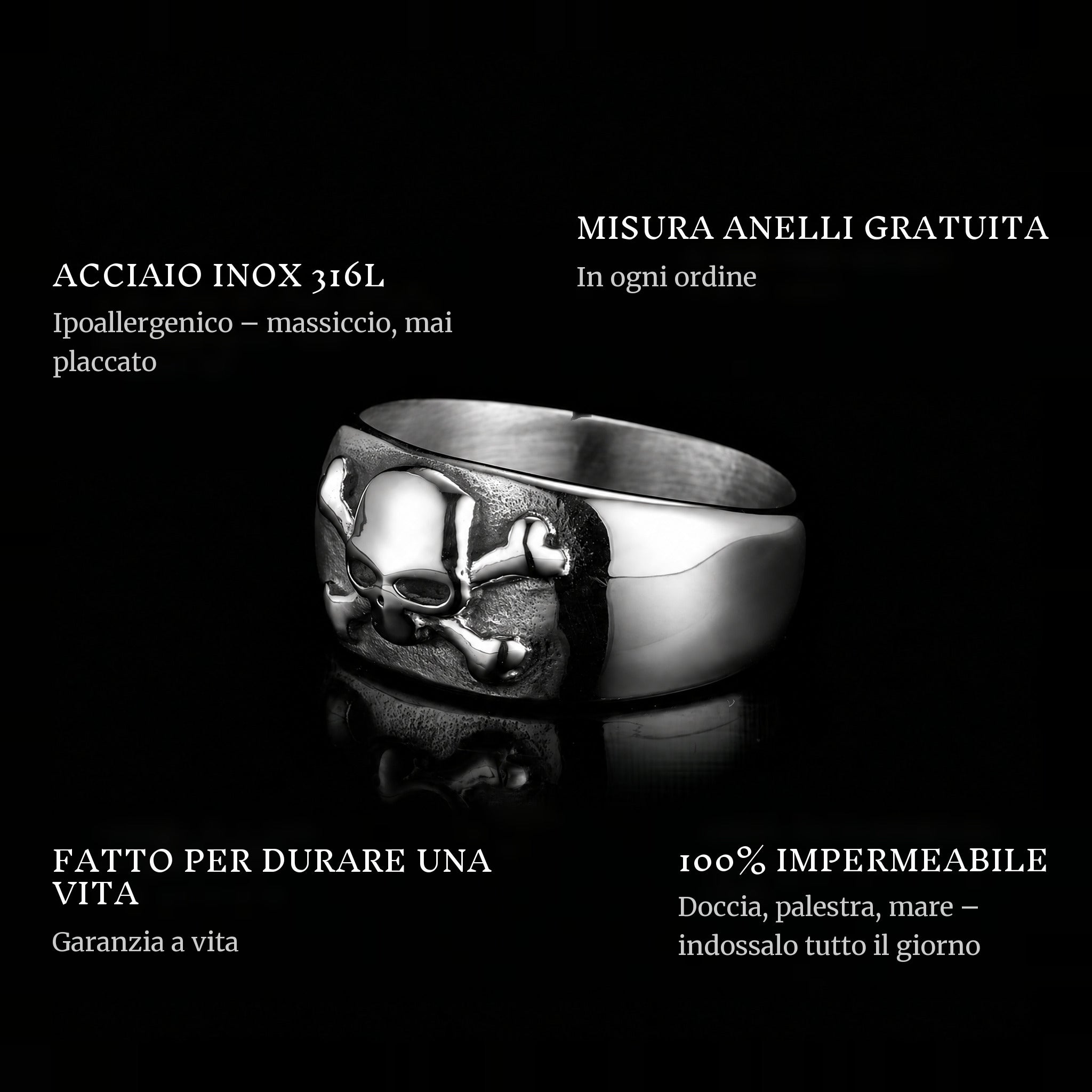 Crossbone ring features: 316L stainless steel, free ring sizer in every order, 100% waterproof, lifetime guarantee