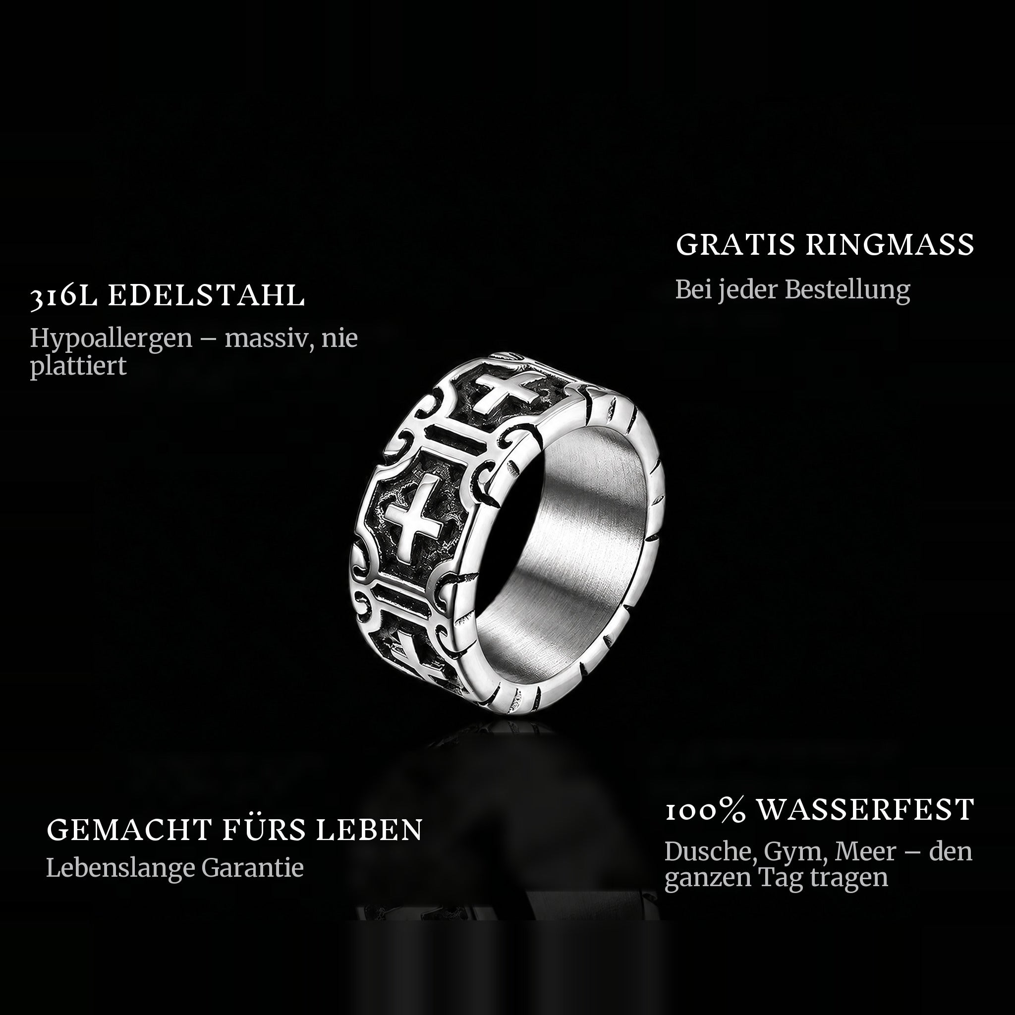 Crosses ring features: 316L stainless steel, free ring sizer in every order, 100% waterproof, lifetime guarantee