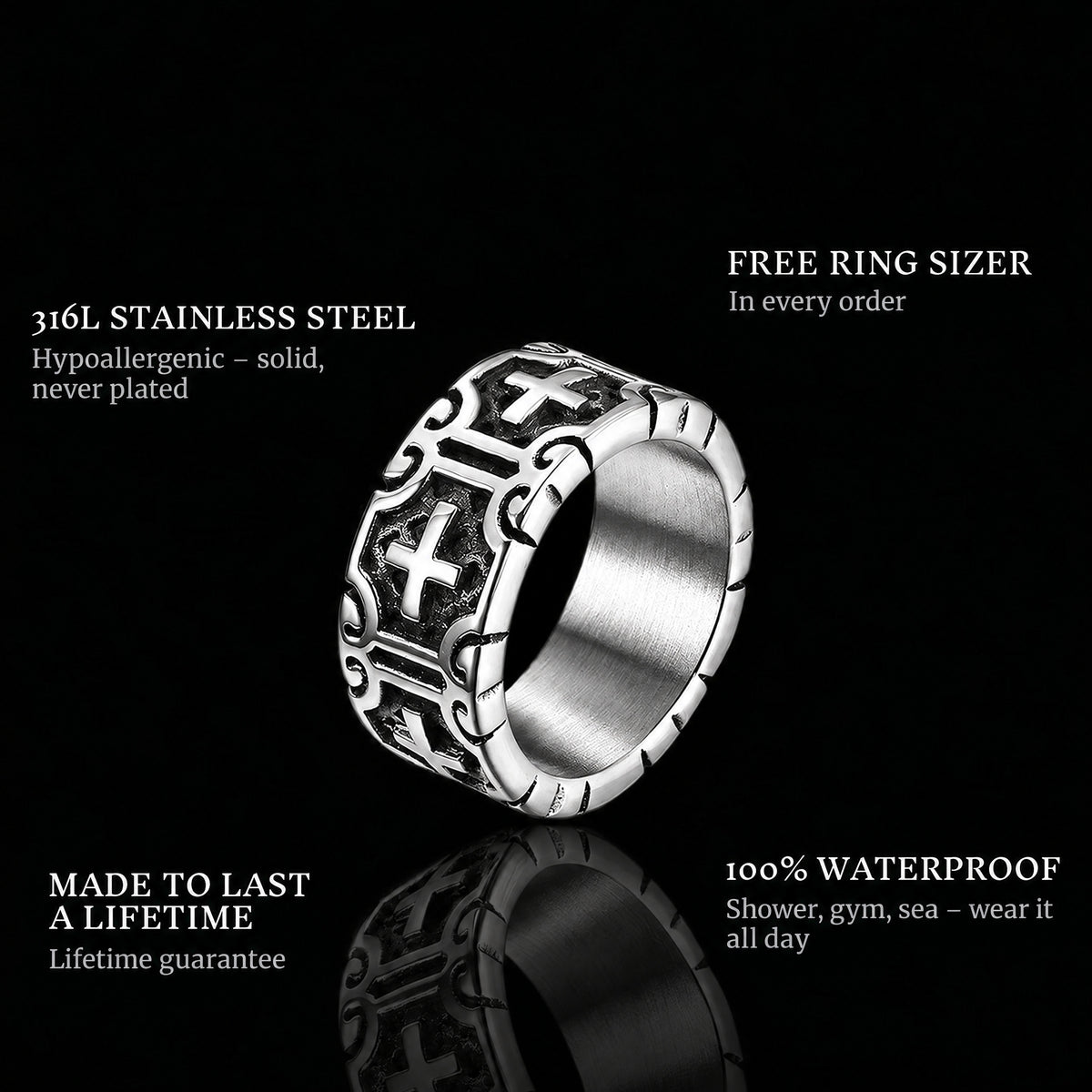 Crosses ring features: 316L stainless steel, free ring sizer in every order, 100% waterproof, lifetime guarantee
