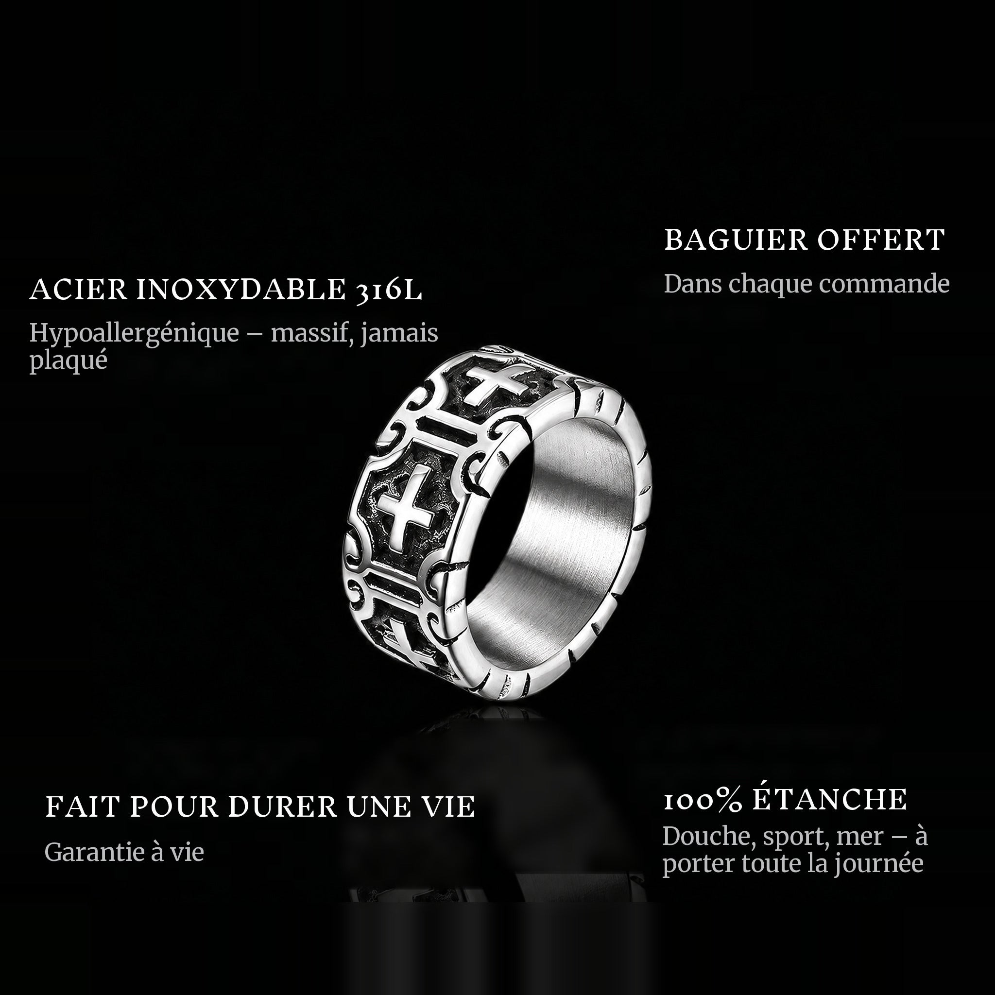 Crosses ring features: 316L stainless steel, free ring sizer in every order, 100% waterproof, lifetime guarantee