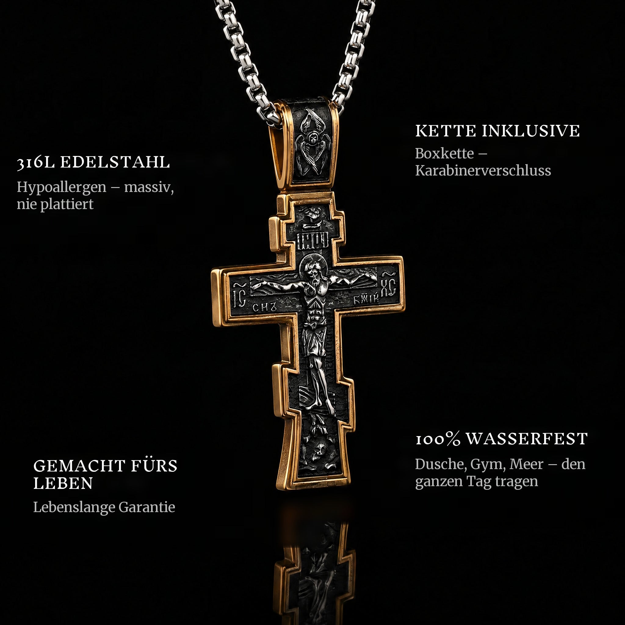 Dark Jesus Cross Gold pendant features: 316L stainless steel, chain included, 100% waterproof, lifetime guarantee