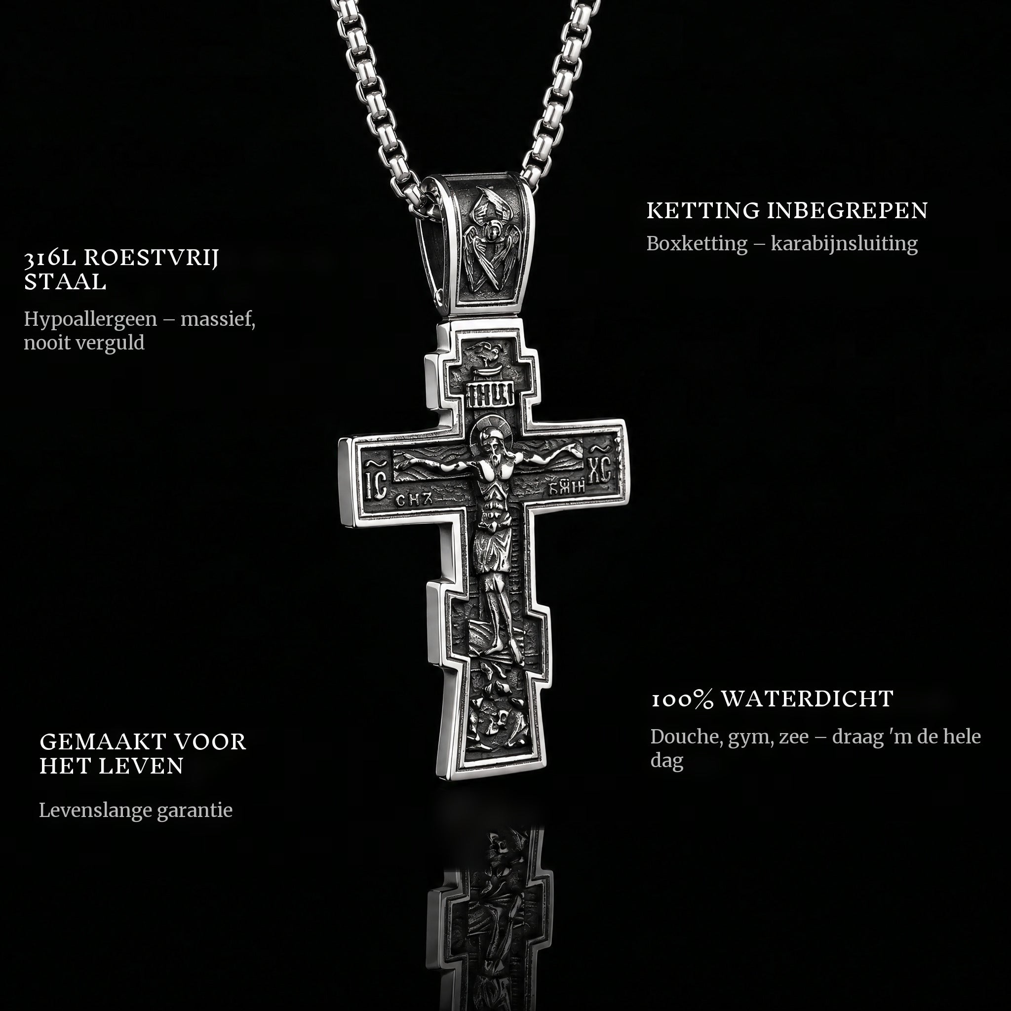 Dark Jesus Cross pendant features: 316L stainless steel, chain included, 100% waterproof, lifetime guarantee