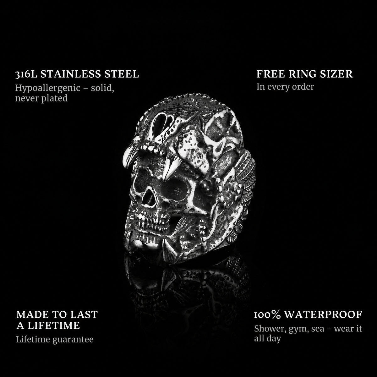 Death Eater ring features: 316L stainless steel, free ring sizer in every order, 100% waterproof, lifetime guarantee