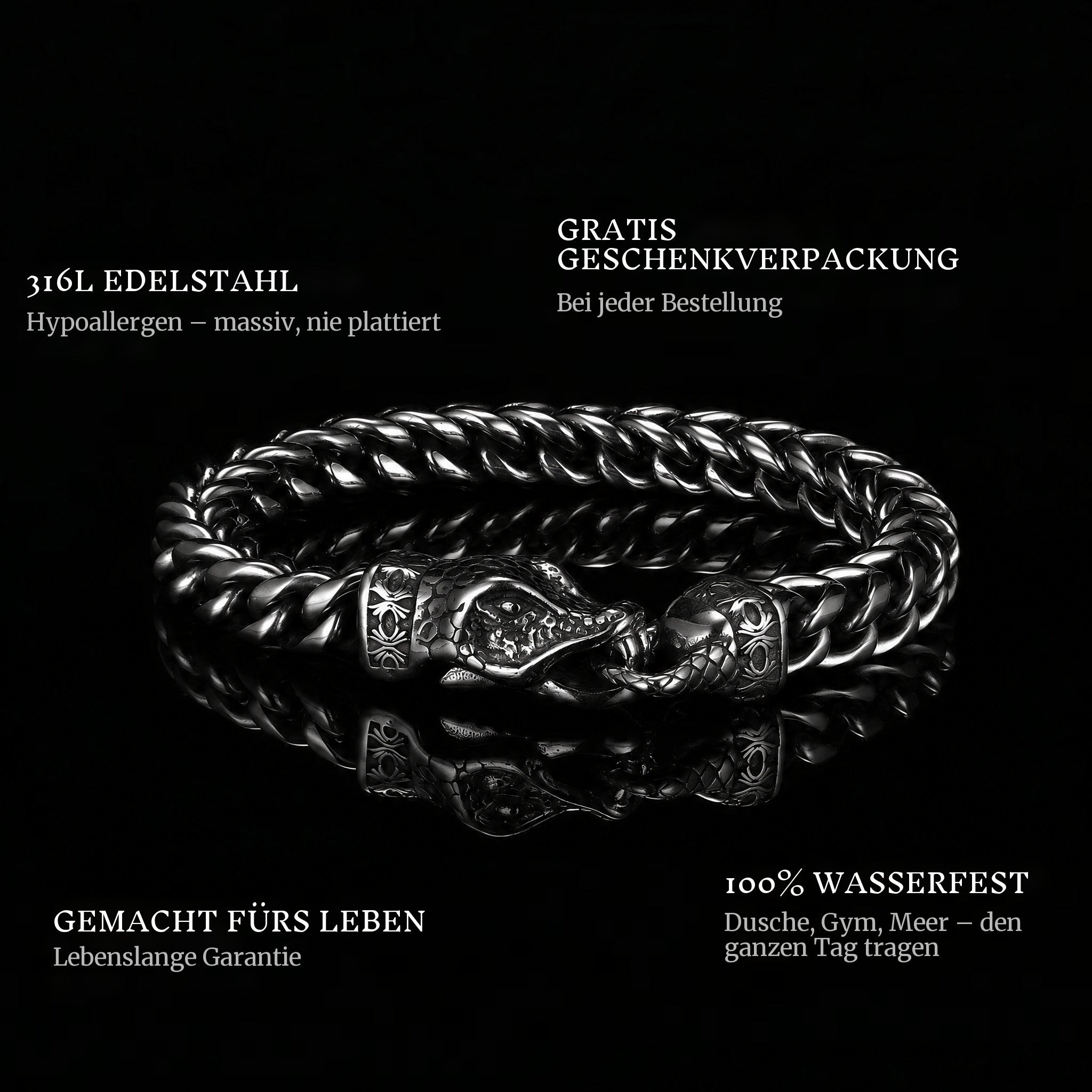 Death Grip features: 316L stainless steel, free gift packaging, 100% waterproof, lifetime guarantee
