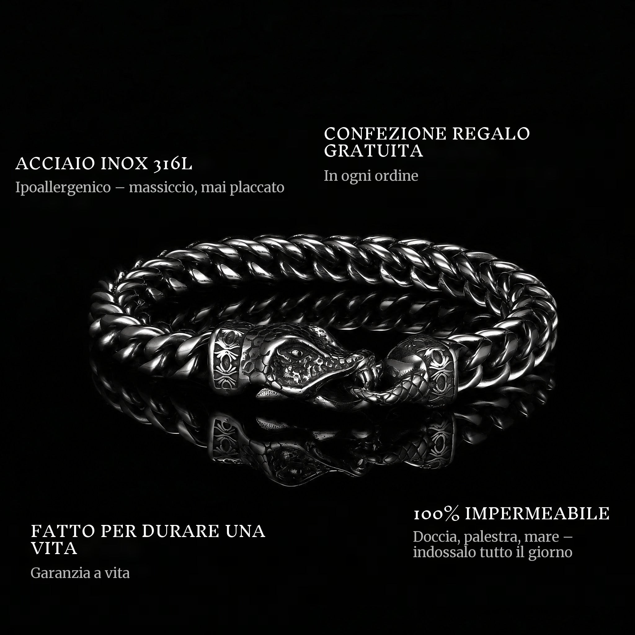 Death Grip features: 316L stainless steel, free gift packaging, 100% waterproof, lifetime guarantee