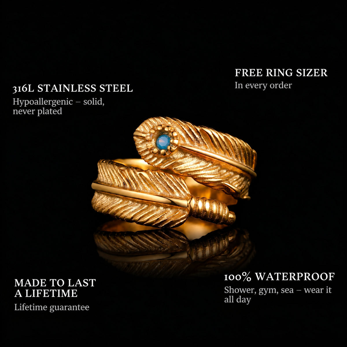 Dodo Gold & Blue ring features: 316L stainless steel, free ring sizer in every order, 100% waterproof, lifetime guarantee