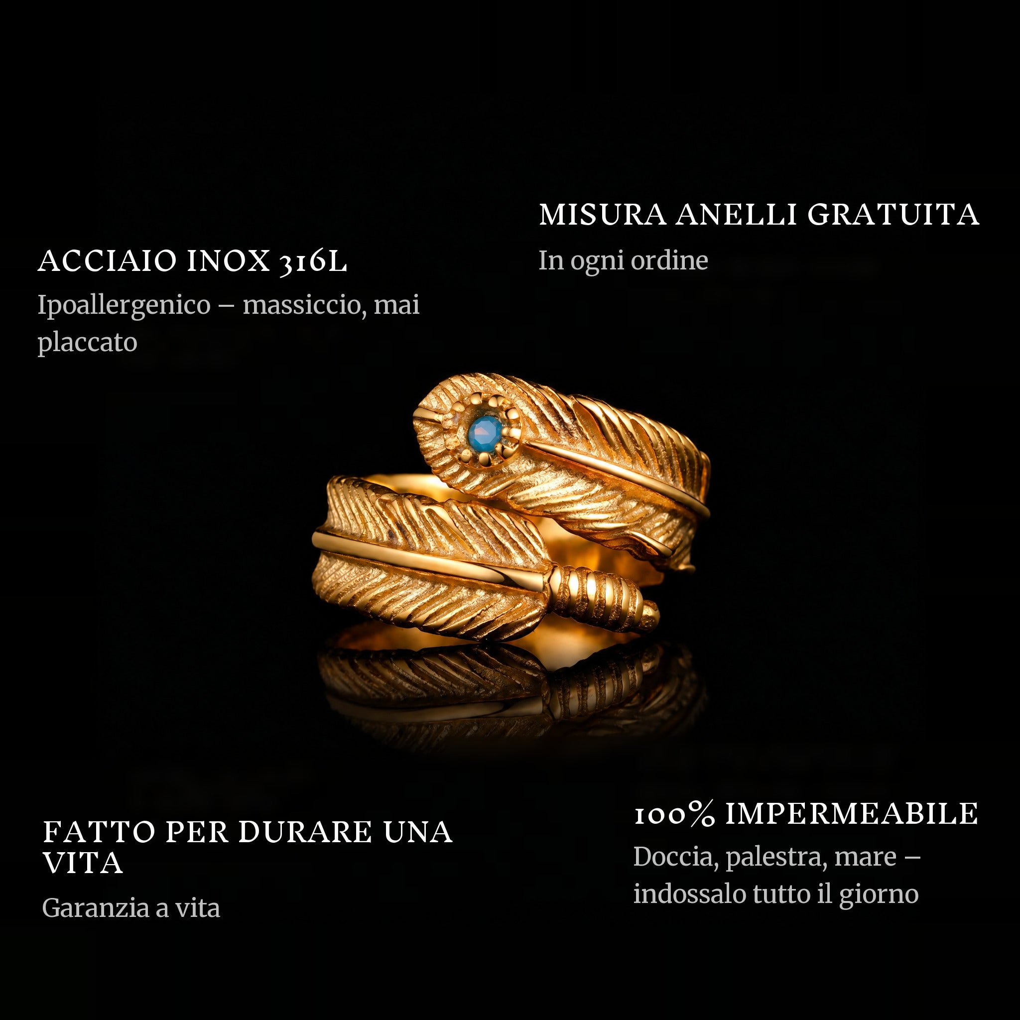 Dodo Gold & Blue ring features: 316L stainless steel, free ring sizer in every order, 100% waterproof, lifetime guarantee